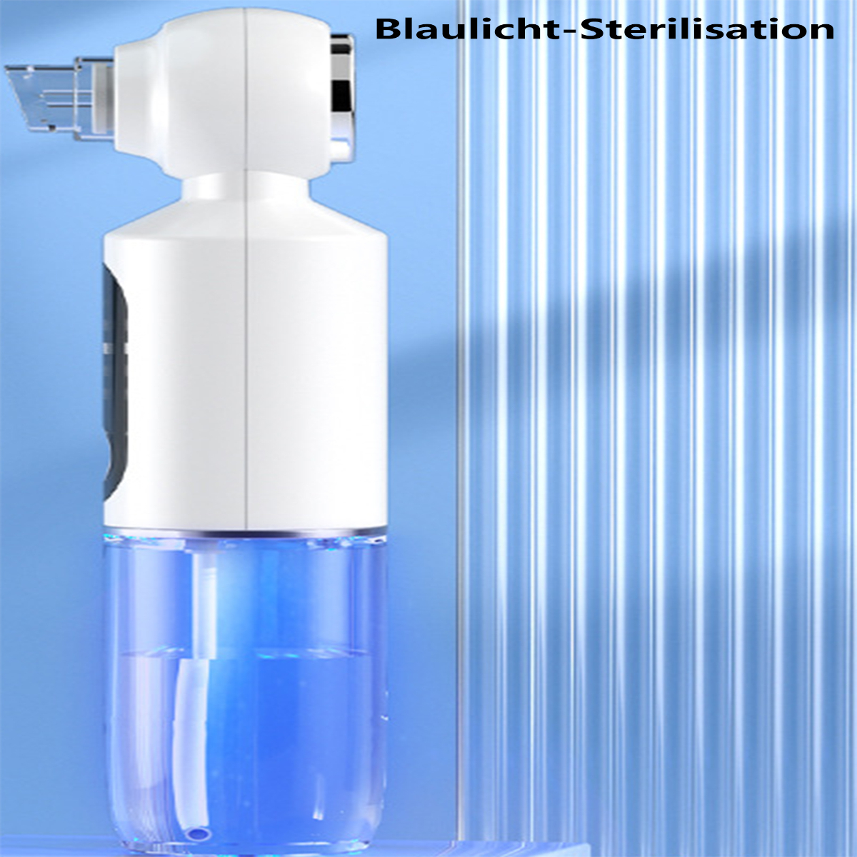 Ein weißes Gerät mit blauem Flüssigkeitsbehälter und Text 'Blaulicht-Sterilisation'.