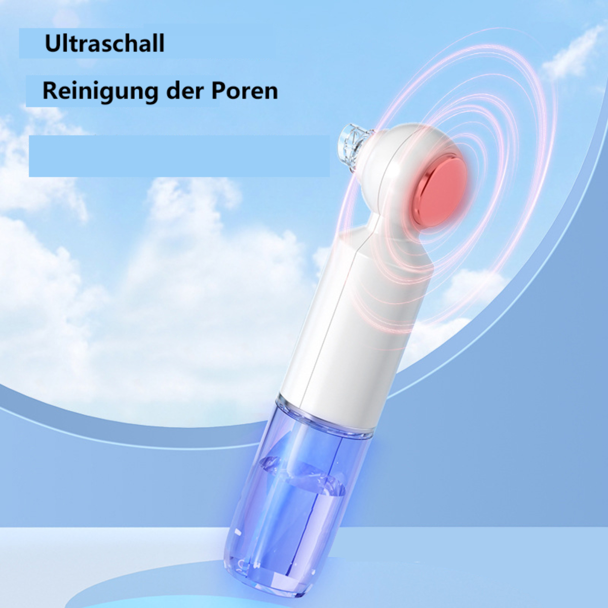 Ein weißes und rosa Gesichtspflegegerät mit rotem Licht. Es hat eine Düse und blaue Flüssigkeit im Inneren.
