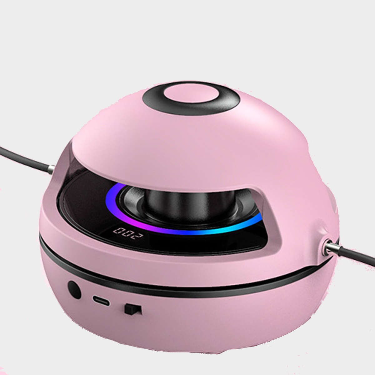 Rosa intelligente Springseil mit Digitalanzeige und schwarzem Kabel.