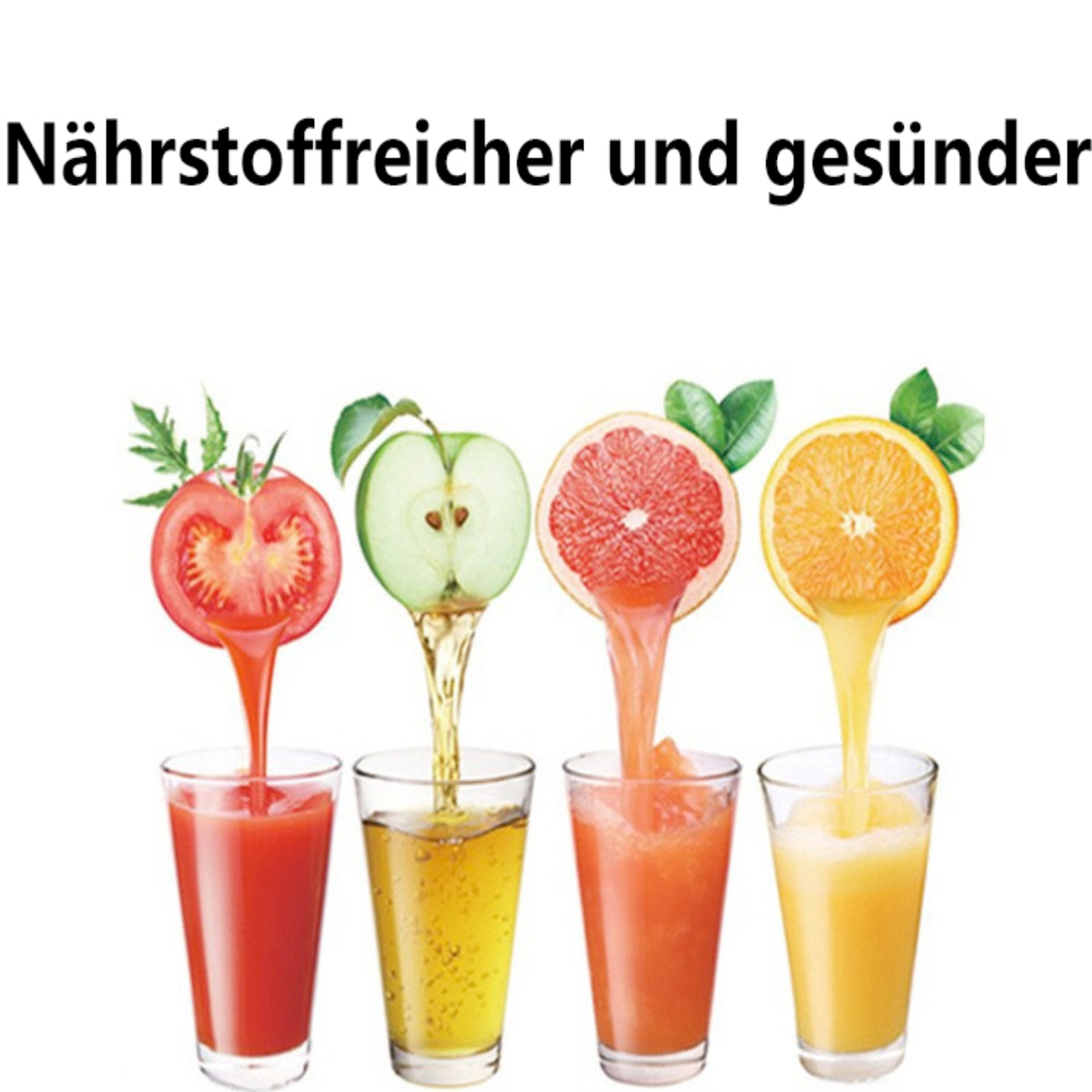 Vier Gläser mit Saft, hergestellt aus Tomate, Apfel, Grapefruit und Orange.