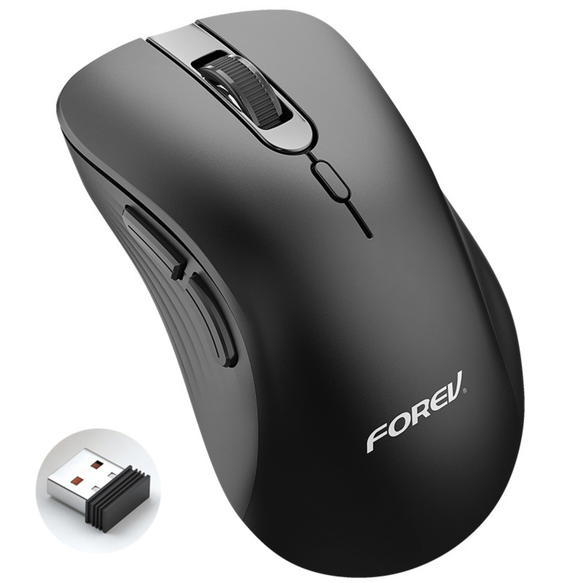 Eine schwarze Computermaus mit Scrollrad und zwei Seitentasten. USB-Empfänger enthalten.