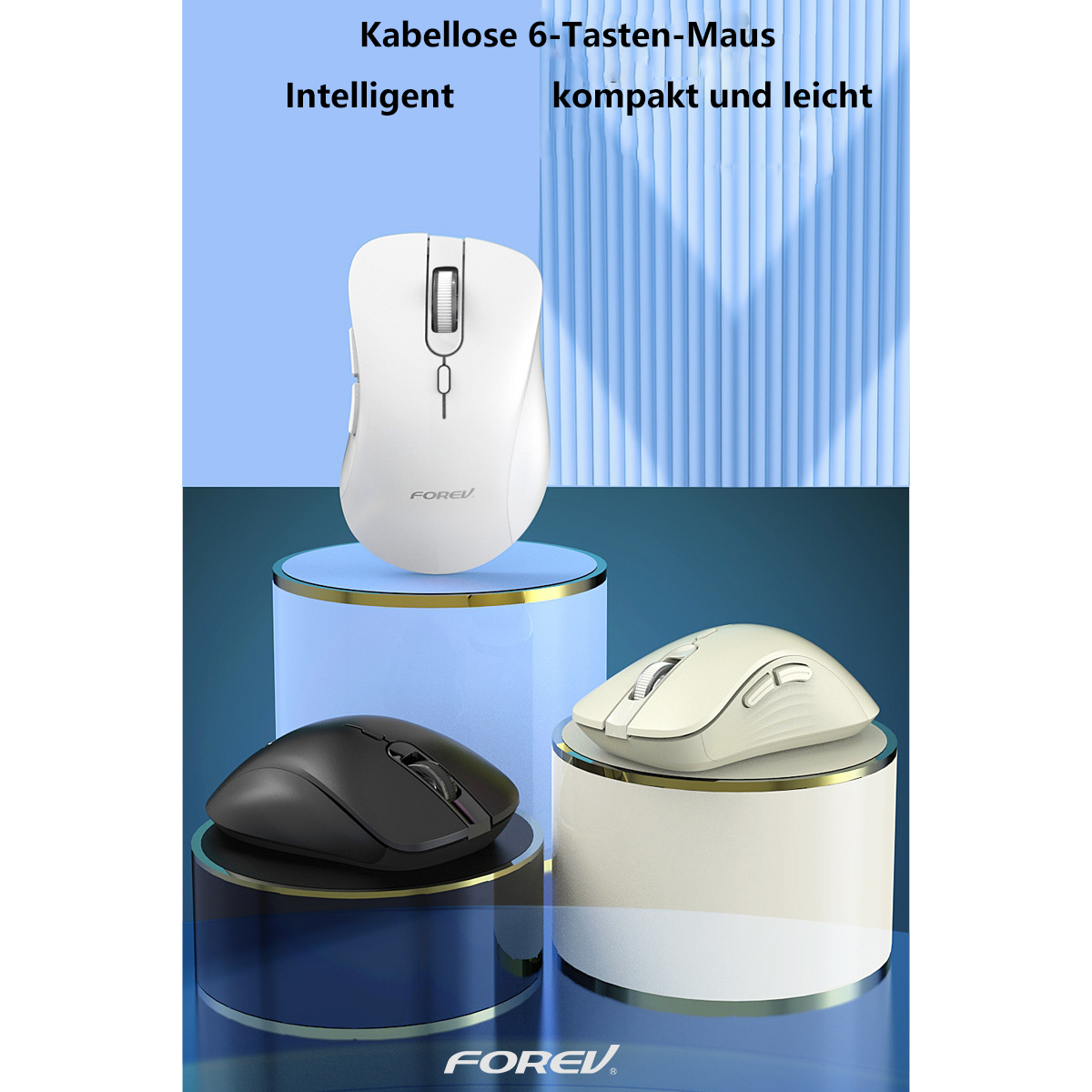 Drei kabellose Computer-Mäuse. Eine ist schwarz, zwei sind weiß, auf blauen und weißen Podesten.