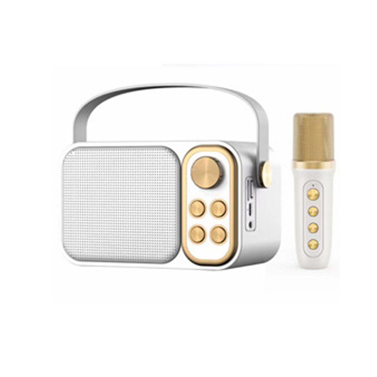 Altavoz y micrófono portátil blanco y dorado. El altavoz tiene un asa y botones.