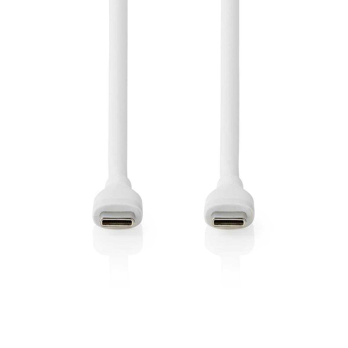 Zwei weiße USB-C-Kabel mit Anschlüssen, die auf den Betrachter zeigen, auf weißem Hintergrund.