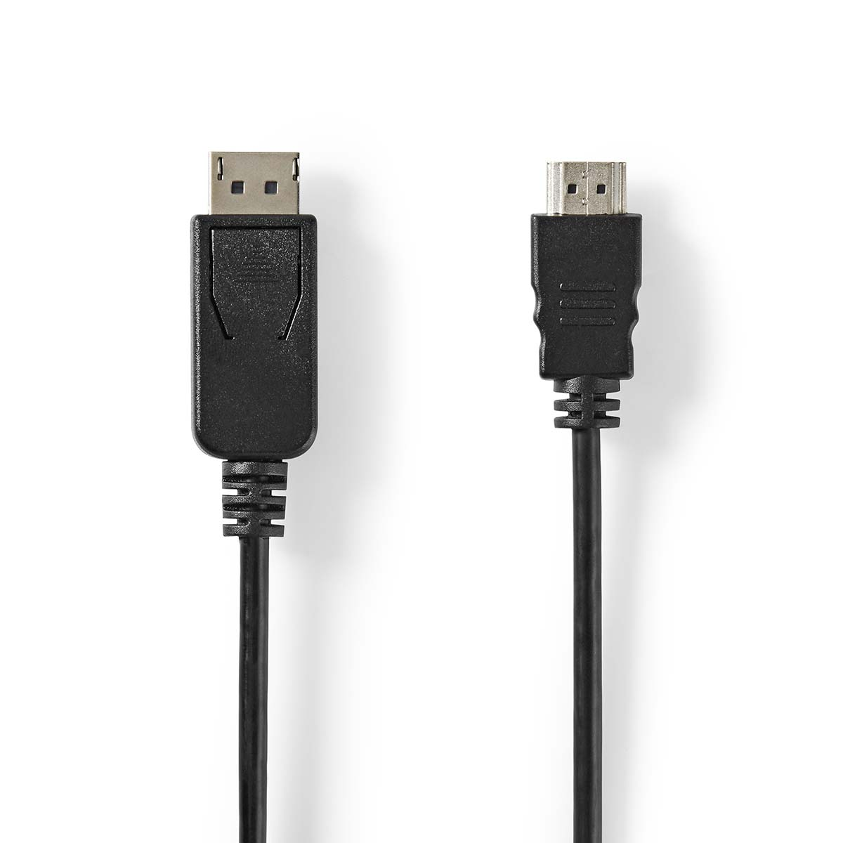 Zwarte DisplayPort naar HDMI kabel, met connectoren zichtbaar.