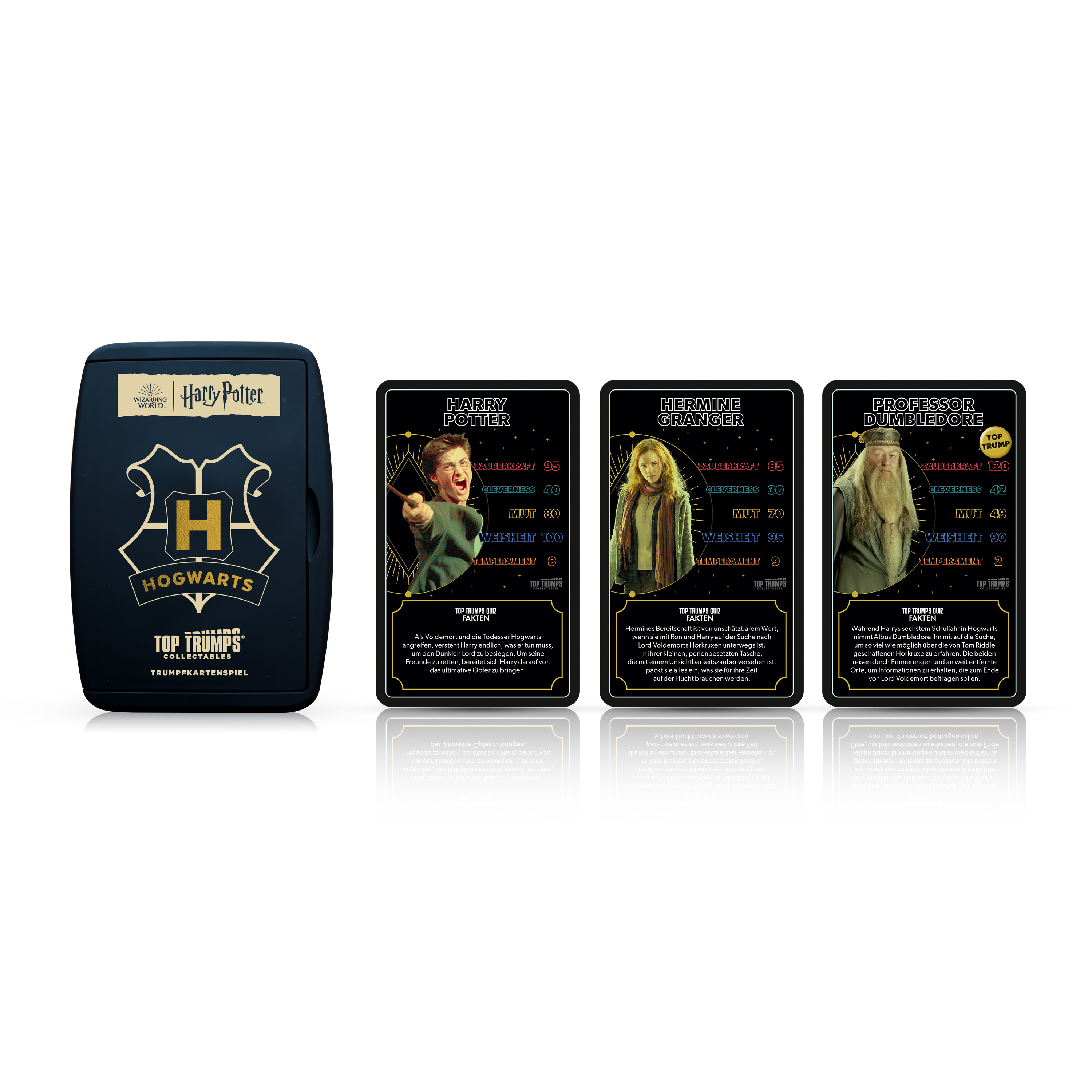 Harry Potter Top Trumps Kartenspielbox und Karten mit Charakteren und Statistiken.