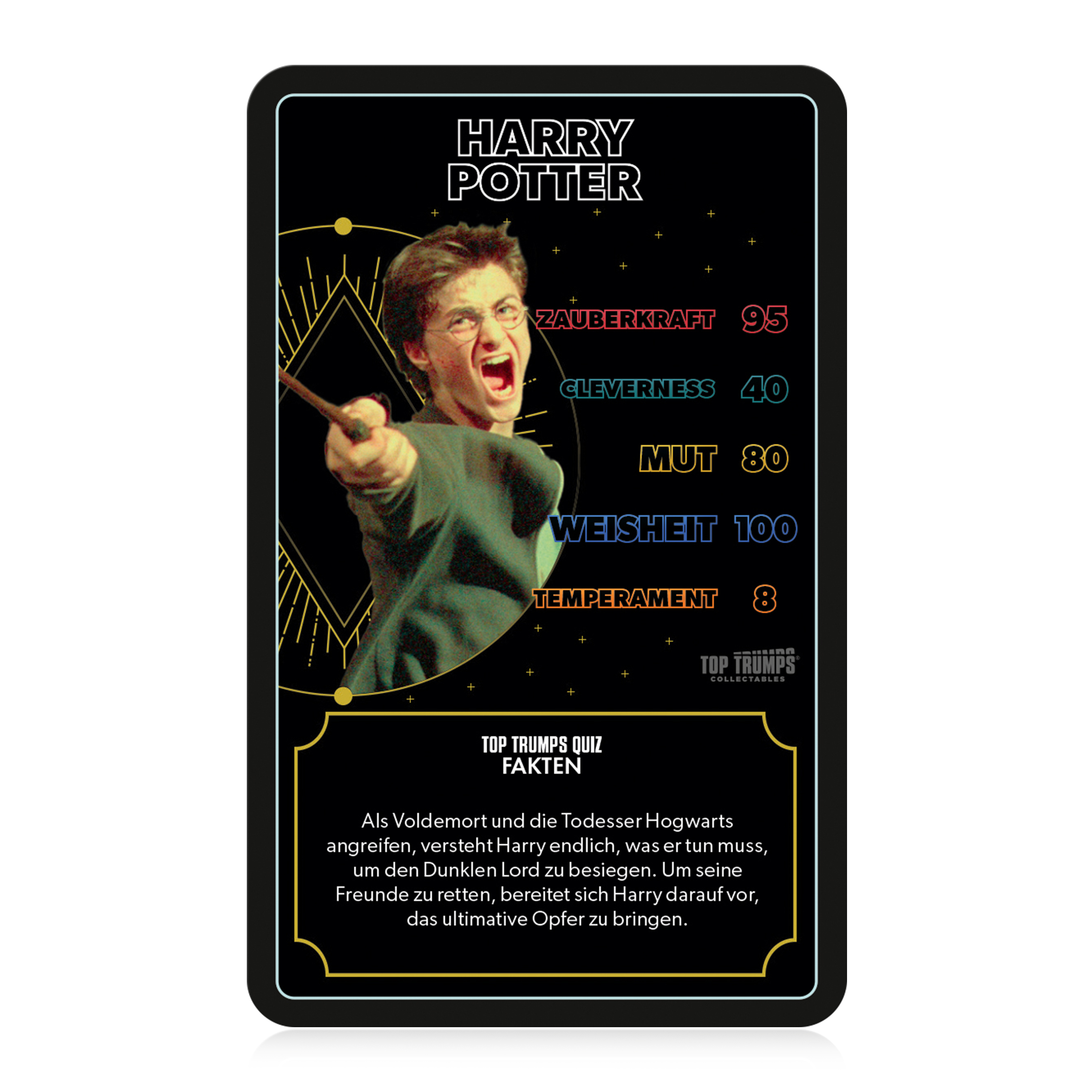 Eine Harry Potter Top Trumps Karte mit einem Foto von Harry und Statistiken.