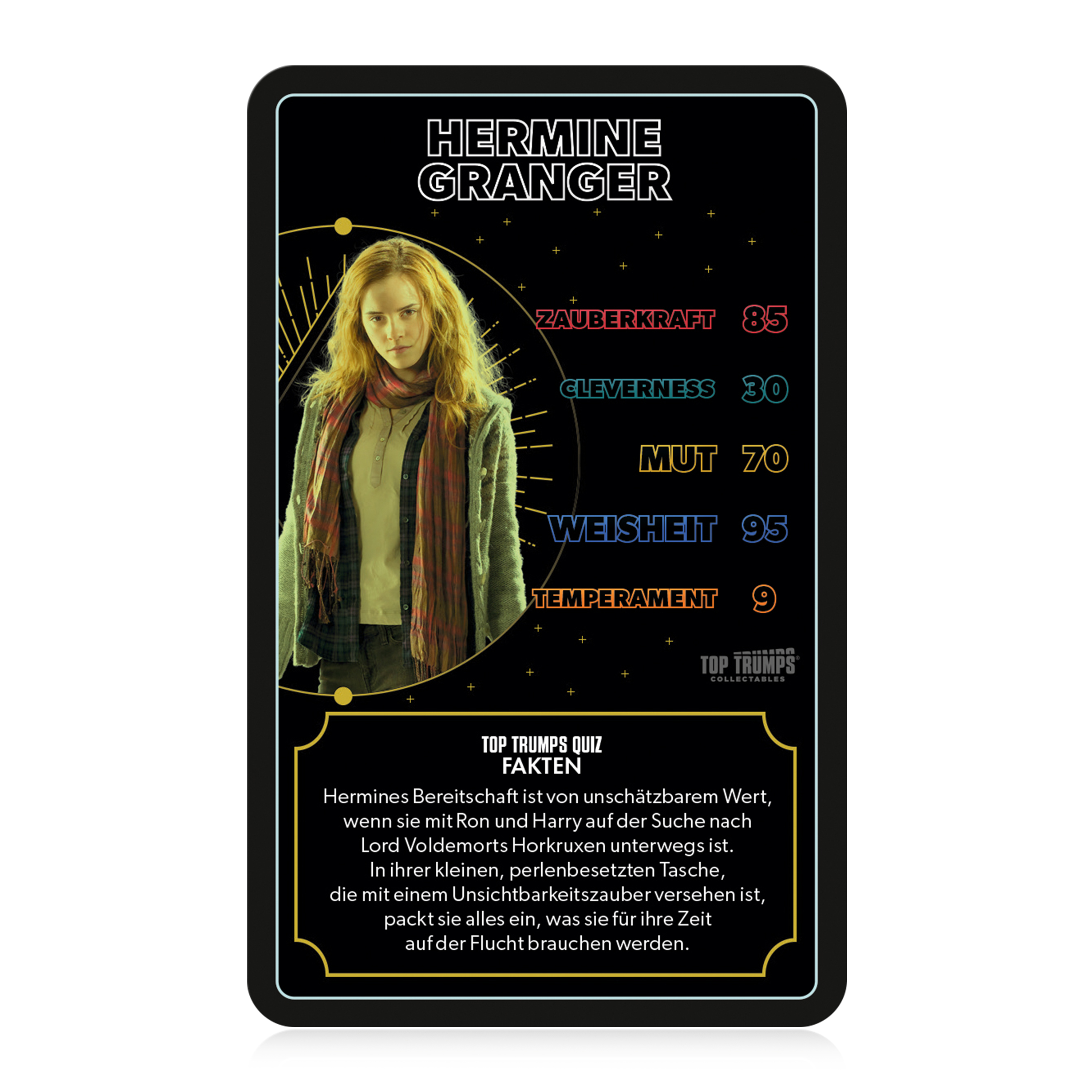 Eine Hermione Granger Top Trumps Karte mit Statistiken. Text auf Deutsch über Hermines Stärken.