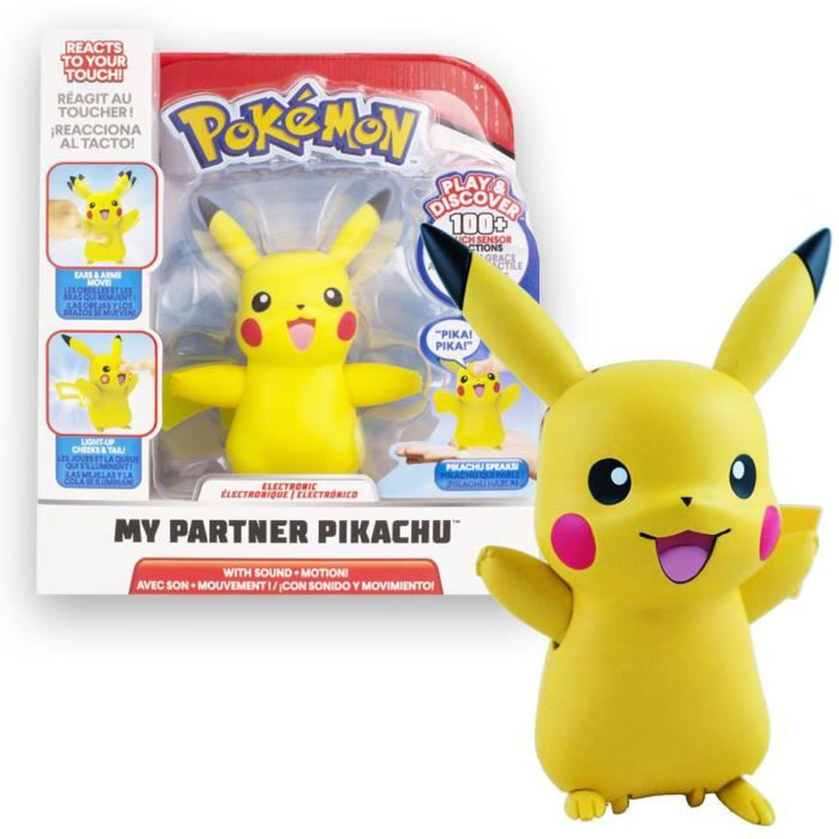 Ein gelbes Pikachu-Spielzeug mit Verpackung. Das Spielzeug lächelt mit ausgestreckten Armen.