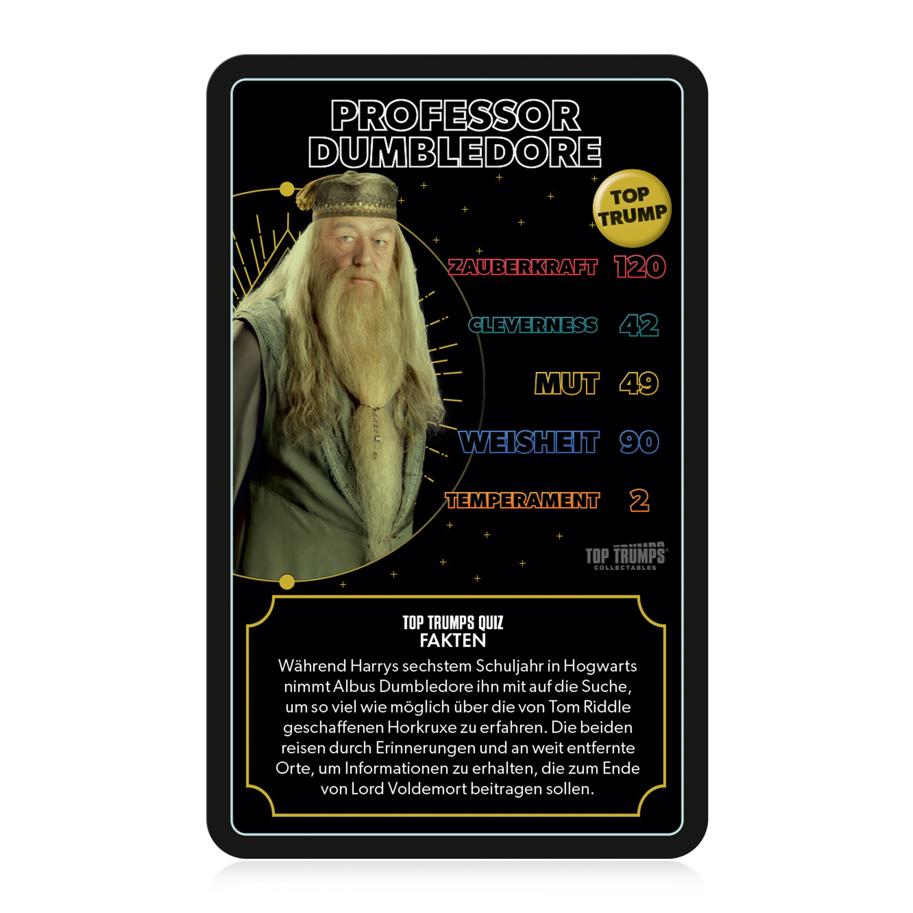 Professor Dumbledore Top Trumps Karte mit Statistiken und Text über Harry Potters Suche.