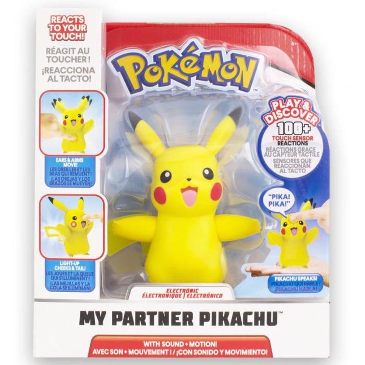 Gelbes Pikachu-Spielzeug in Verpackung. Text: 'My Partner Pikachu' und 'Reagiert auf Ihre Berührung'.