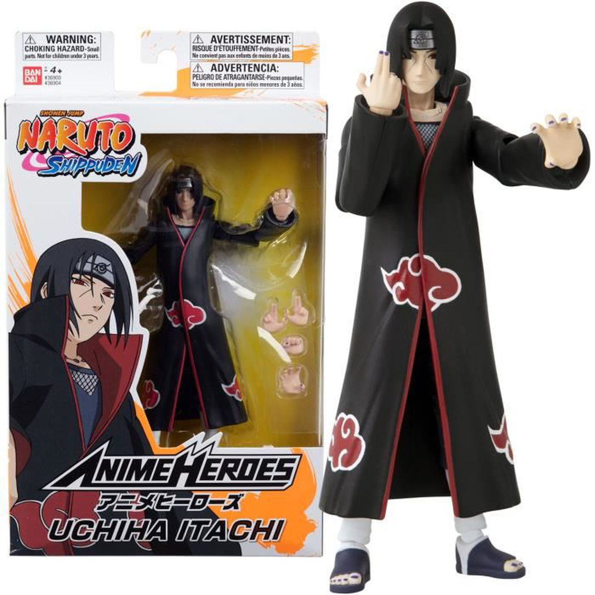 Figurka Naruto Uchiha Itachi z opakowaniem. Nosi czarny płaszcz z czerwonymi chmurami i pozuje.