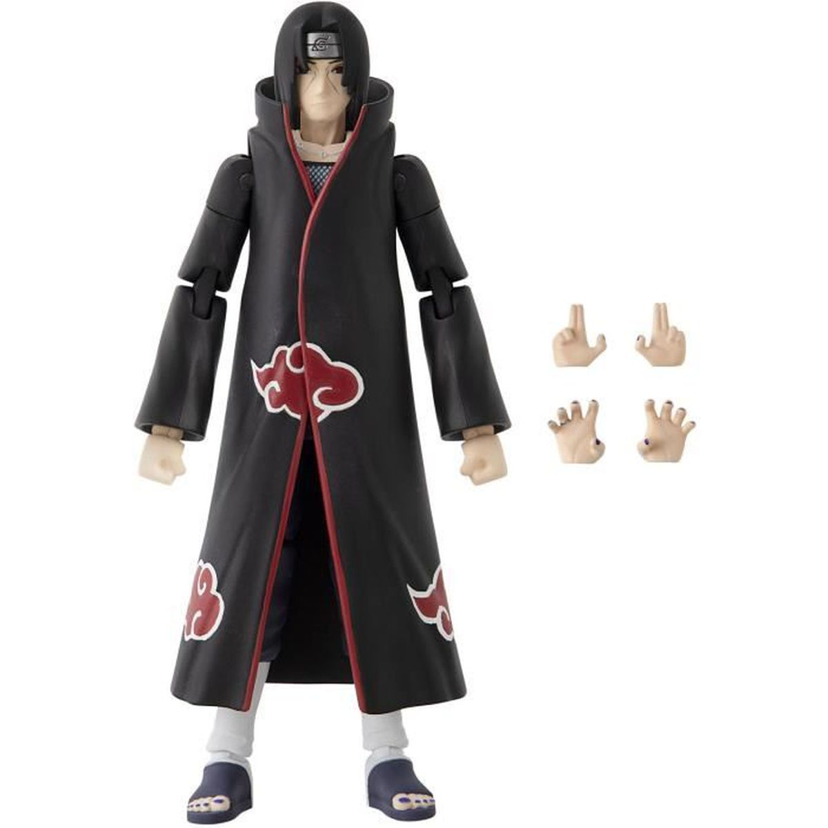 Figurka akcji Itachi z Naruto w czarnym płaszczu z czerwonymi chmurami i wymiennymi dłońmi.
