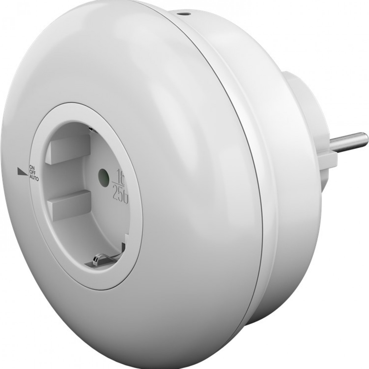 Ein weißer Netzadapter mit rundem Design. Er hat eine Steckdose und einen Stecker. Weißer Hintergrund.