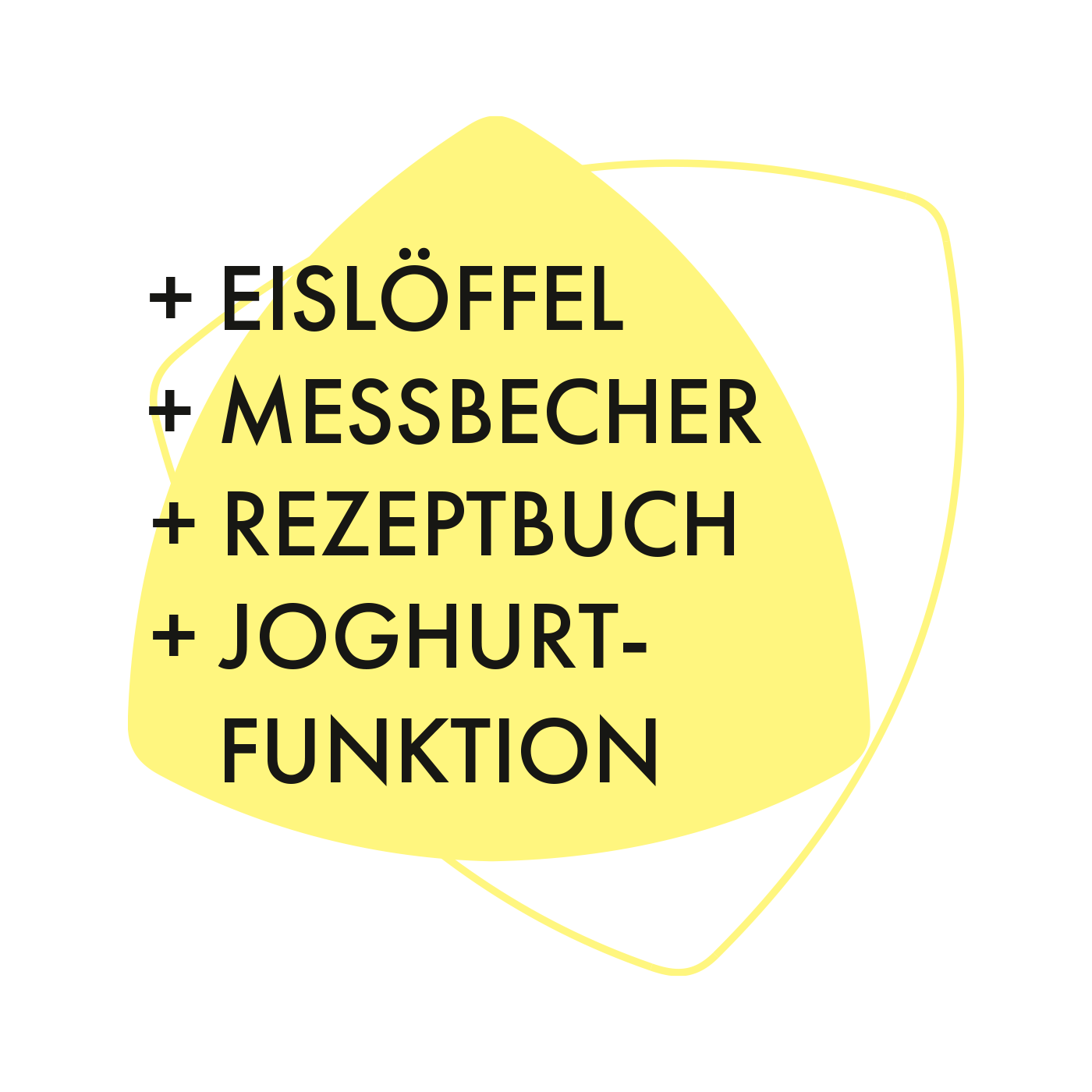 Gelbe Form mit Text: Eislöffel, Messbecher, Rezeptbuch und Joghurtfunktion.