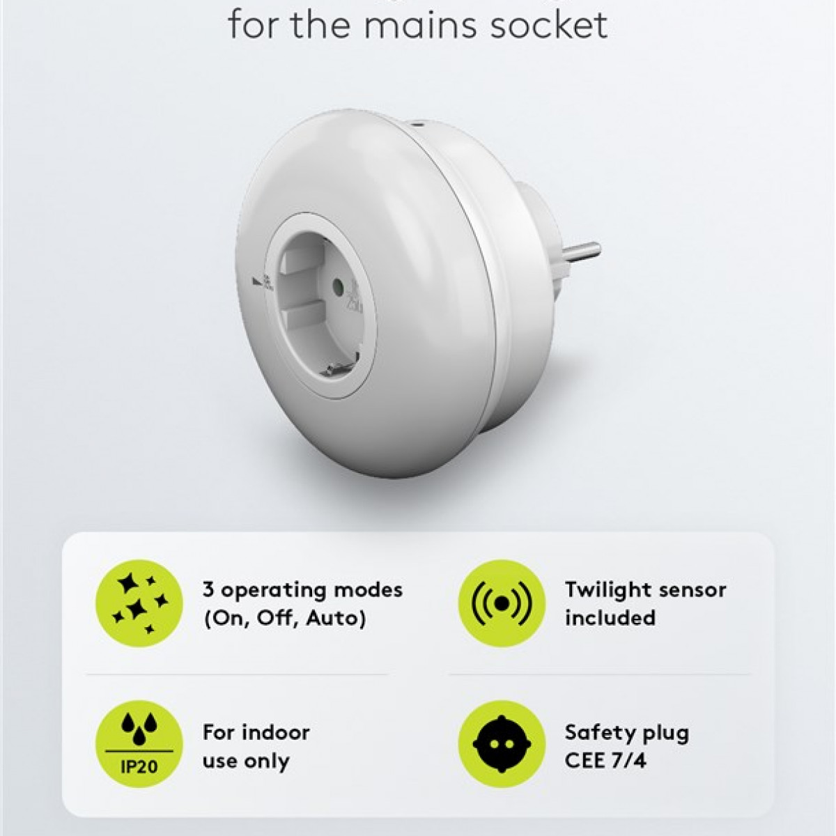 Weiße Steckdose mit Stecker und einigen Symbolen zur Erläuterung der Funktionen. Ein-, Aus-, Automatikmodi werden angezeigt.