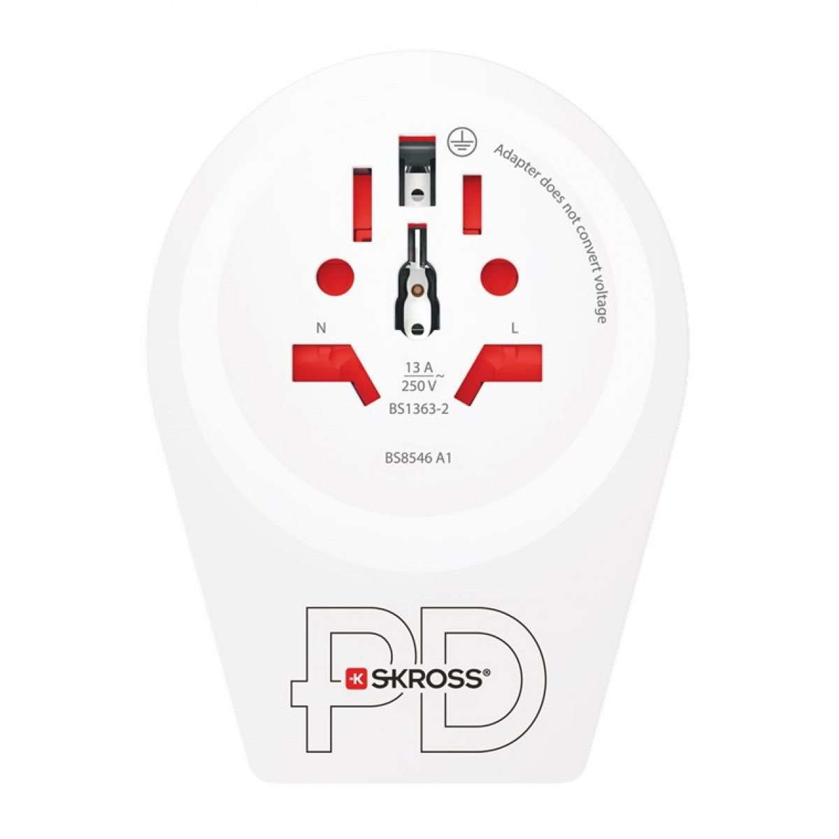 Adaptador de viaje blanco con clavijas rojas y el logotipo de SKROSS.