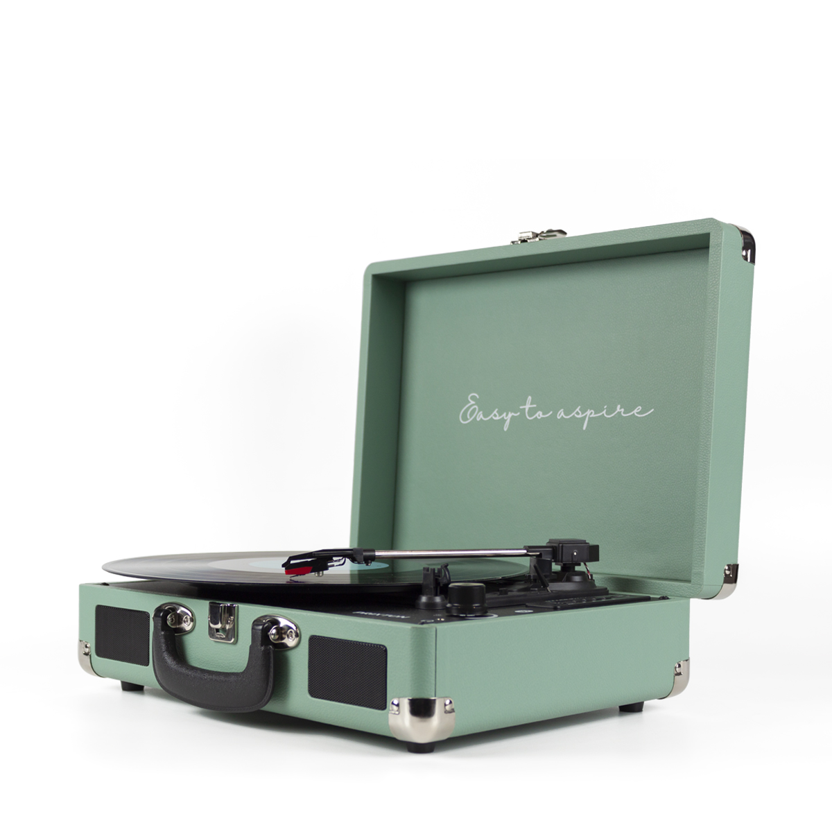 Miętowo-zielony gramofon w stylu walizki z odtwarzaną płytą.
