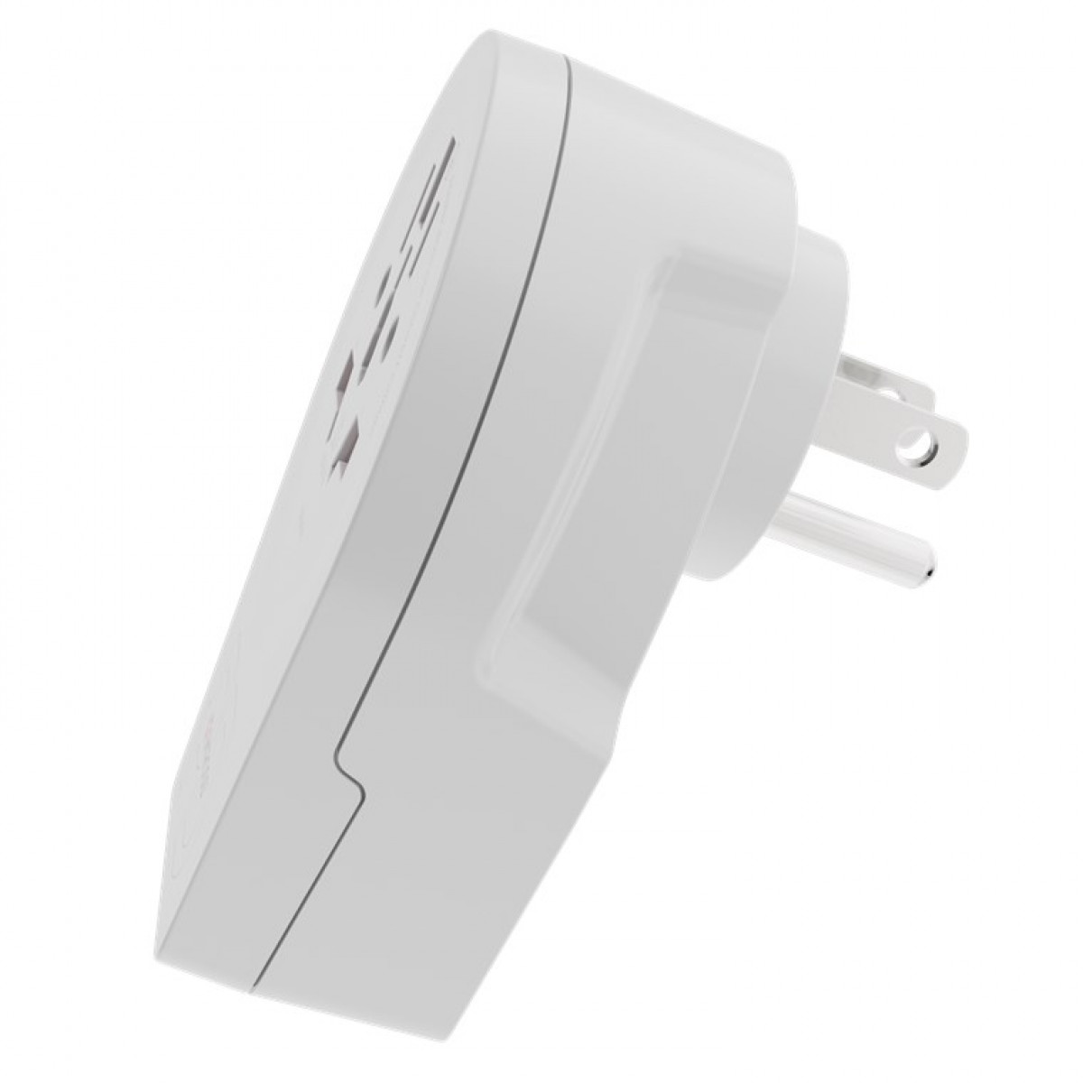 Adaptador de corriente blanco con enchufe de dos clavijas y múltiples ranuras, vista en ángulo.