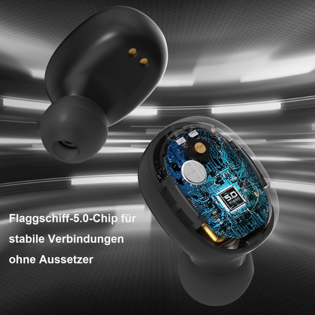 Zwei schwarze kabellose Ohrhörer, einer mit internen Schaltkreisen. Text: Flaggschiff 5.0-Chip für stabile Verbindungen.