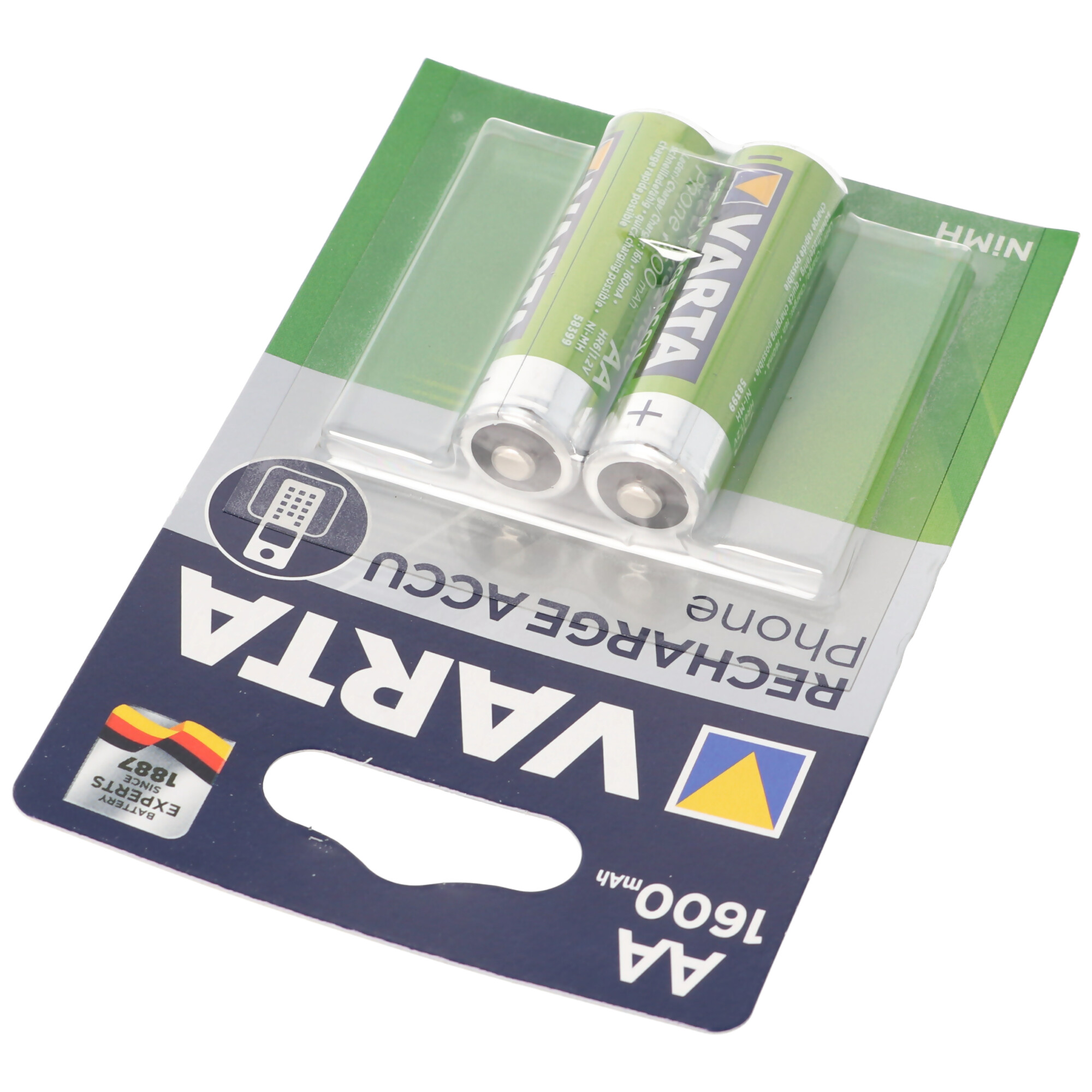 Dwie zielono-białe baterie AA w przezroczystym plastikowym opakowaniu z logo Varta.