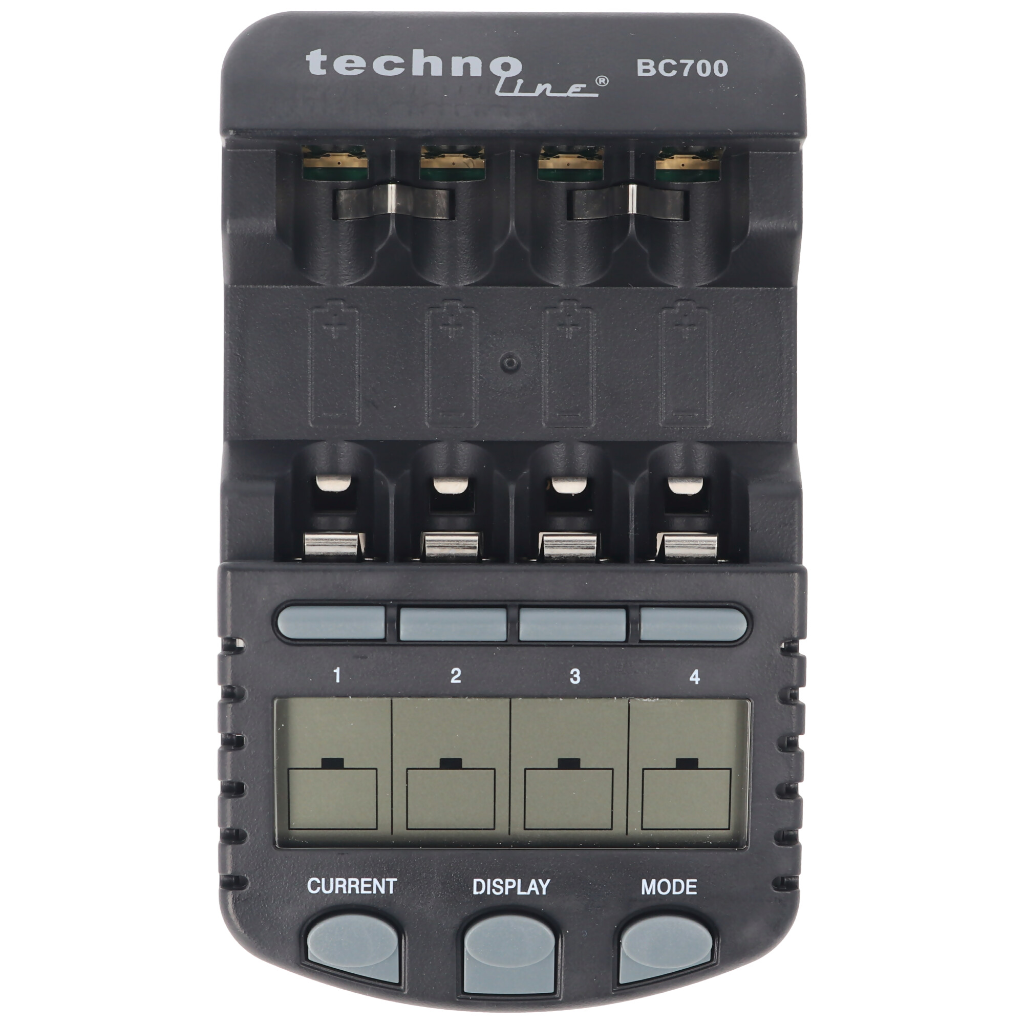 Ein schwarzes Batterieladegerät mit der Aufschrift 'technoline BC700'. Es hat 4 Schlitze für Batterien und ein Display.