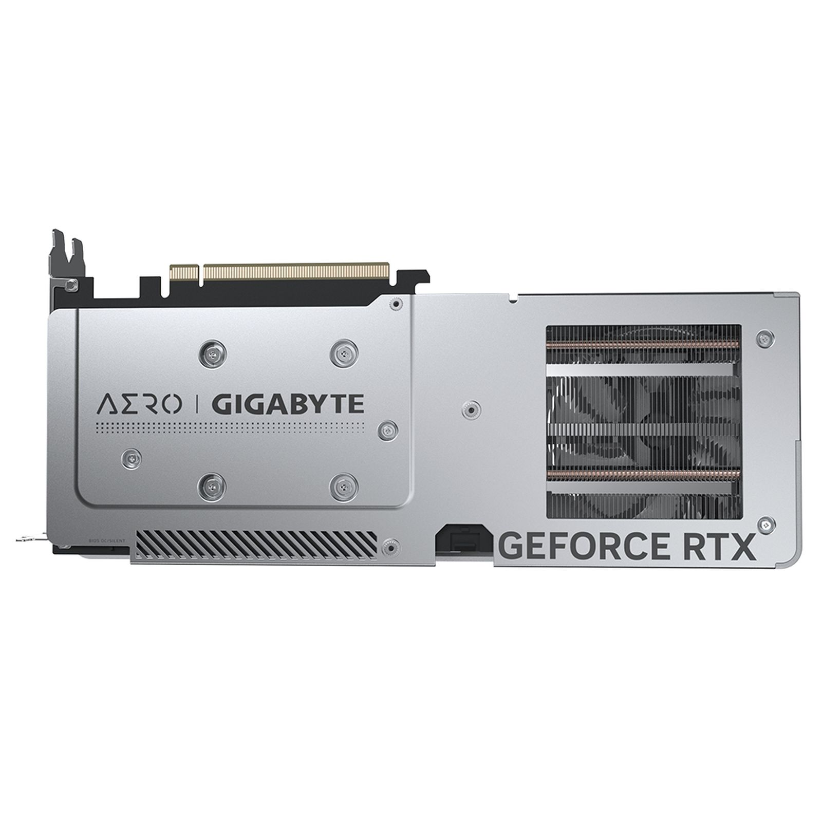 Eine silberne und schwarze Gigabyte GeForce RTX Grafikkarte, die ihre Kühl- und Designdetails zeigt.
