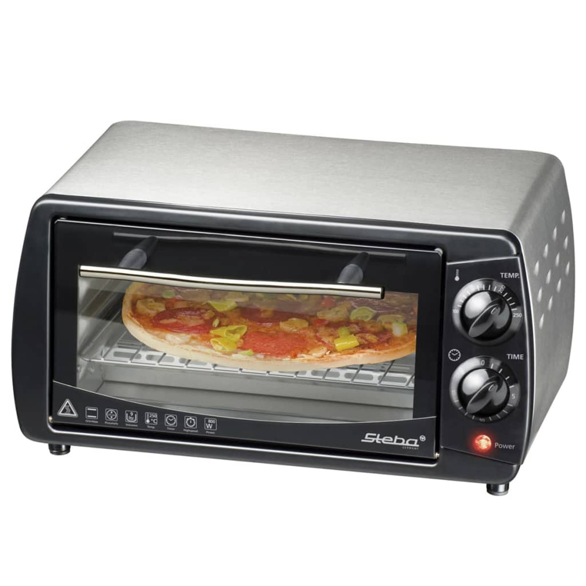 Kleiner schwarzer Ofen mit Pizza, bereit zum Backen. Temperatur- und Zeiteinsteller rechts.