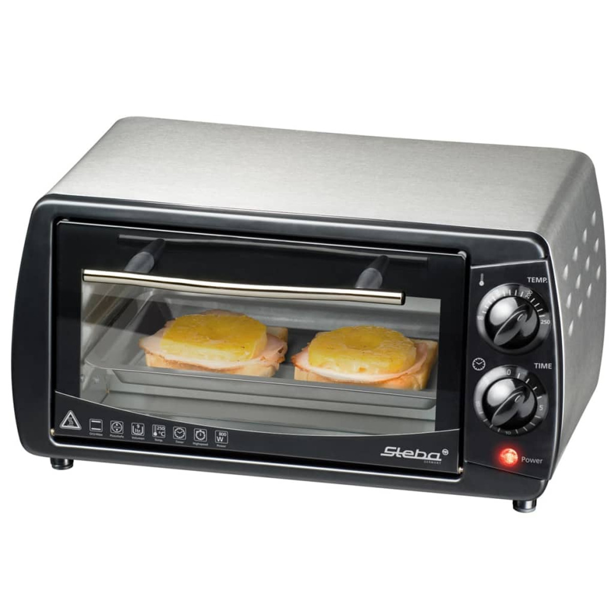 Ein kleiner, schwarz-silberner Toaster mit zwei Toastscheiben mit Käse darauf.