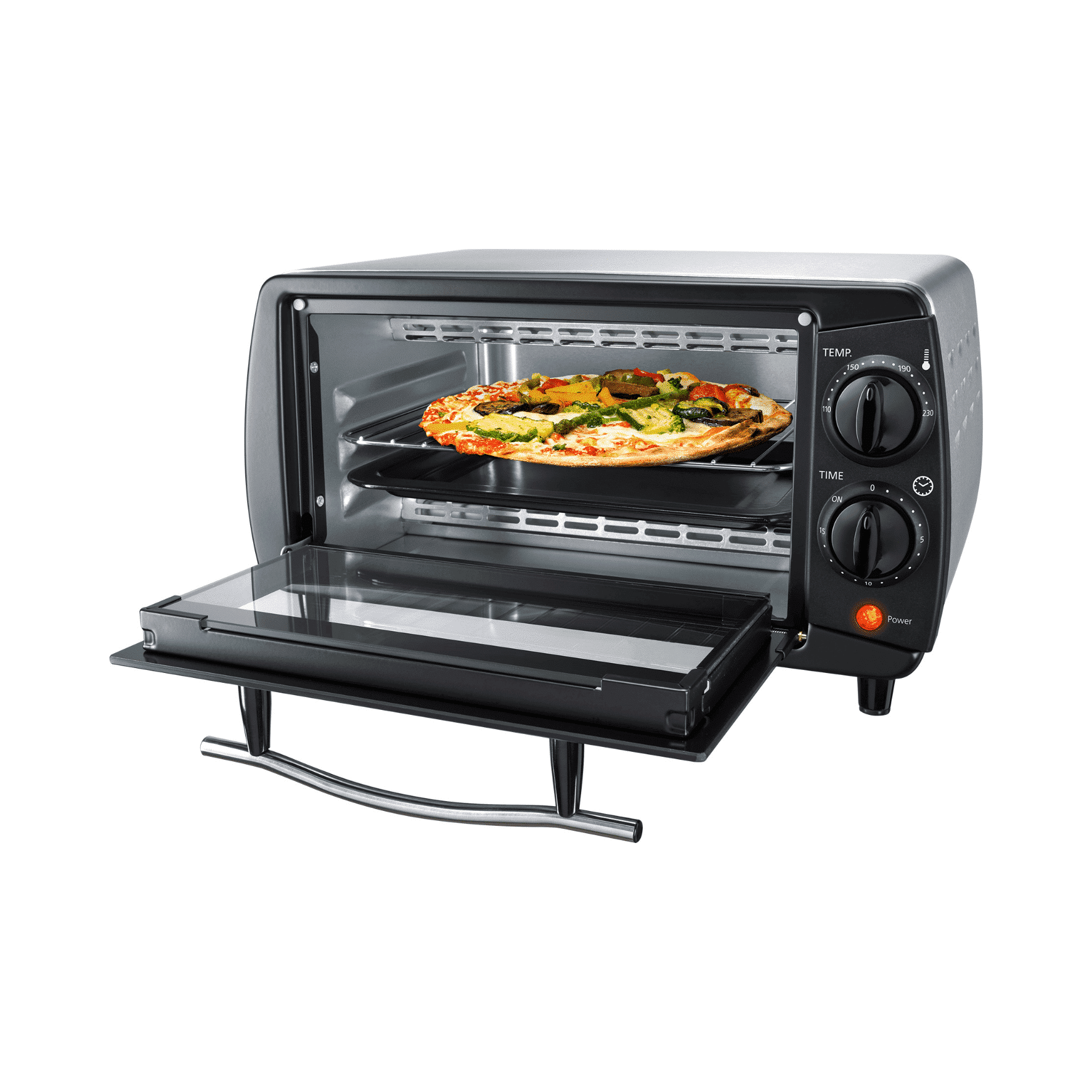 Ein schwarzer Toasterofen mit Pizza darin, Tür offen. Bedienfeld rechts.