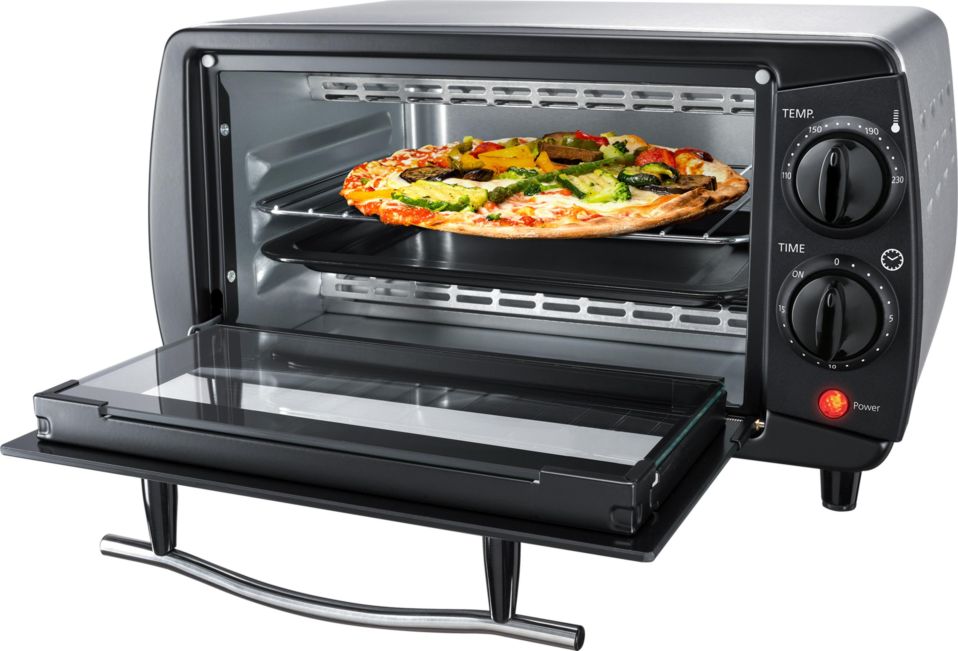 Pizza in einem schwarzen Toaster mit offener Tür. Der Ofen befindet sich auf weißem Hintergrund, mit Temperaturreglern.