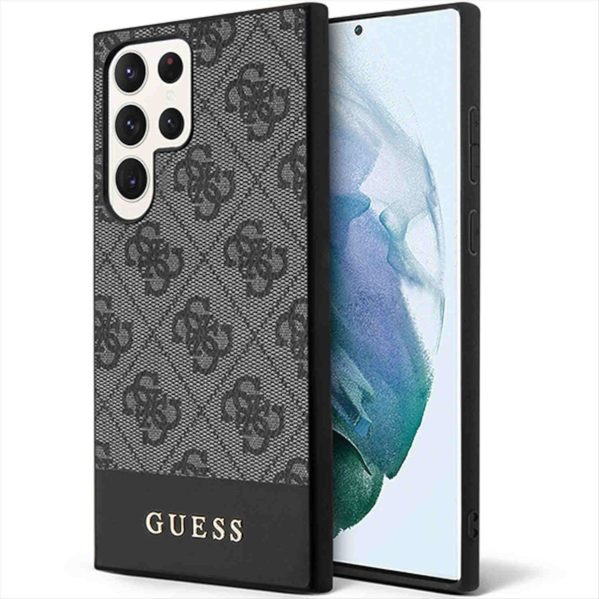 Schwarze Handyhülle mit Guess-Logo, schwarzes Telefon und schwarzer Rahmen.