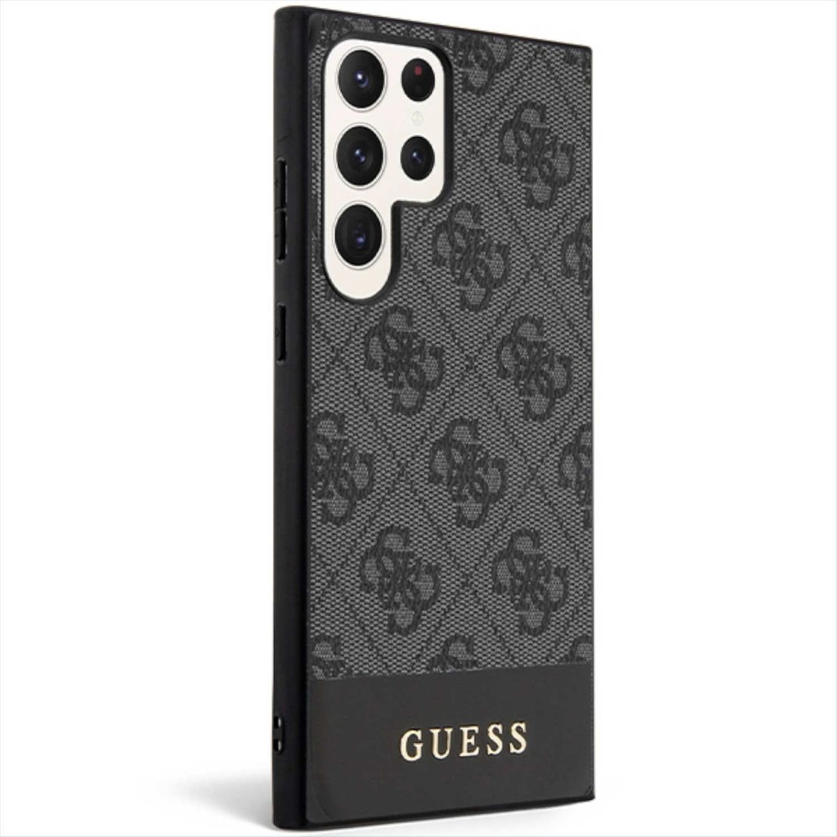 Eine Handyhülle mit einem Guess-Muster auf schwarzem und grauem Hintergrund.
