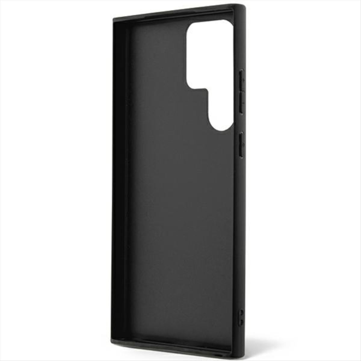Schwarze Handyhülle, Seitenansicht, mit Ausschnitten für Kamera und Tasten.