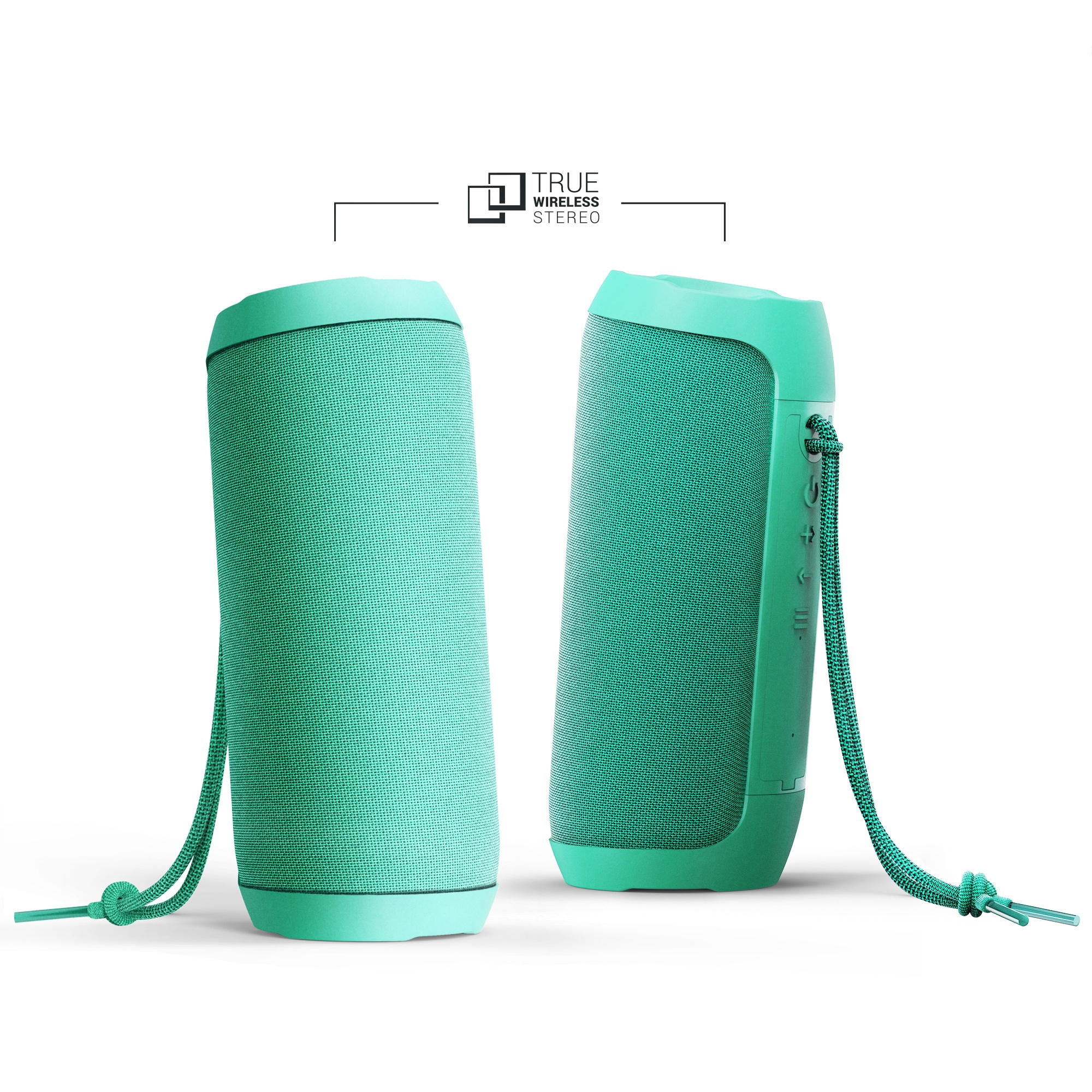 Dos altavoces cilíndricos de color verde azulado con cables verde azulado, fondo blanco.
