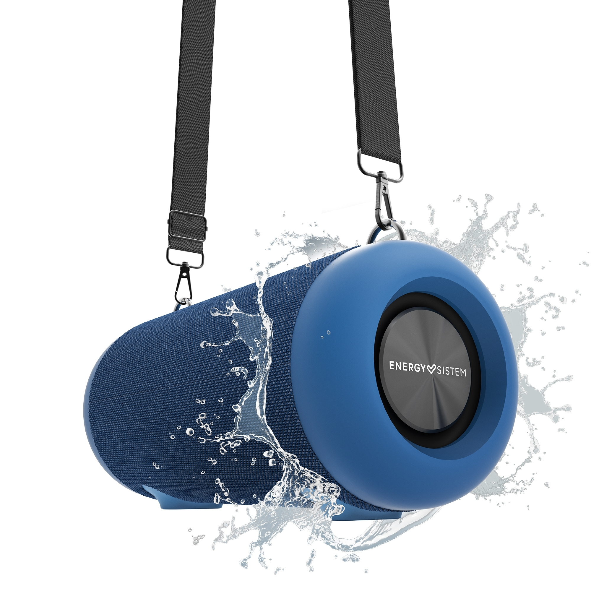 Altoparlante blu cilindrico con effetto splash e cinturino nero, sfondo bianco. Logo Energy Sistem.