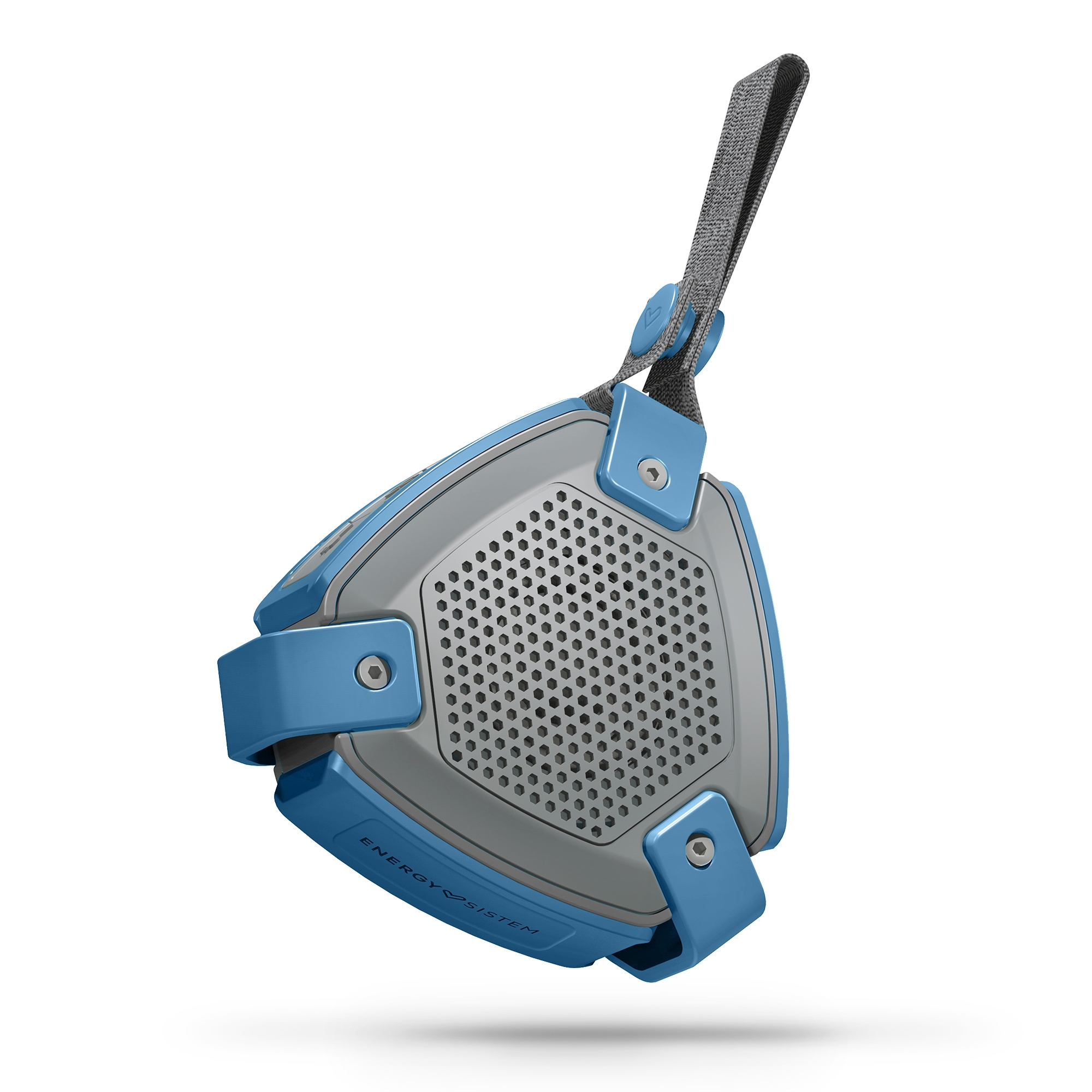 Altoparlante portatile blu e grigio con cinturino grigio. Frontale perforato, design angolato. Logo Energy Sistem.