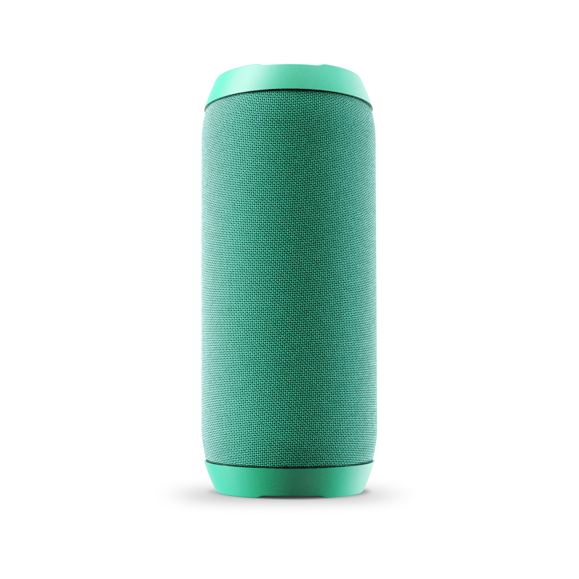 Un altavoz cilíndrico de color verde azulado sobre un fondo blanco.