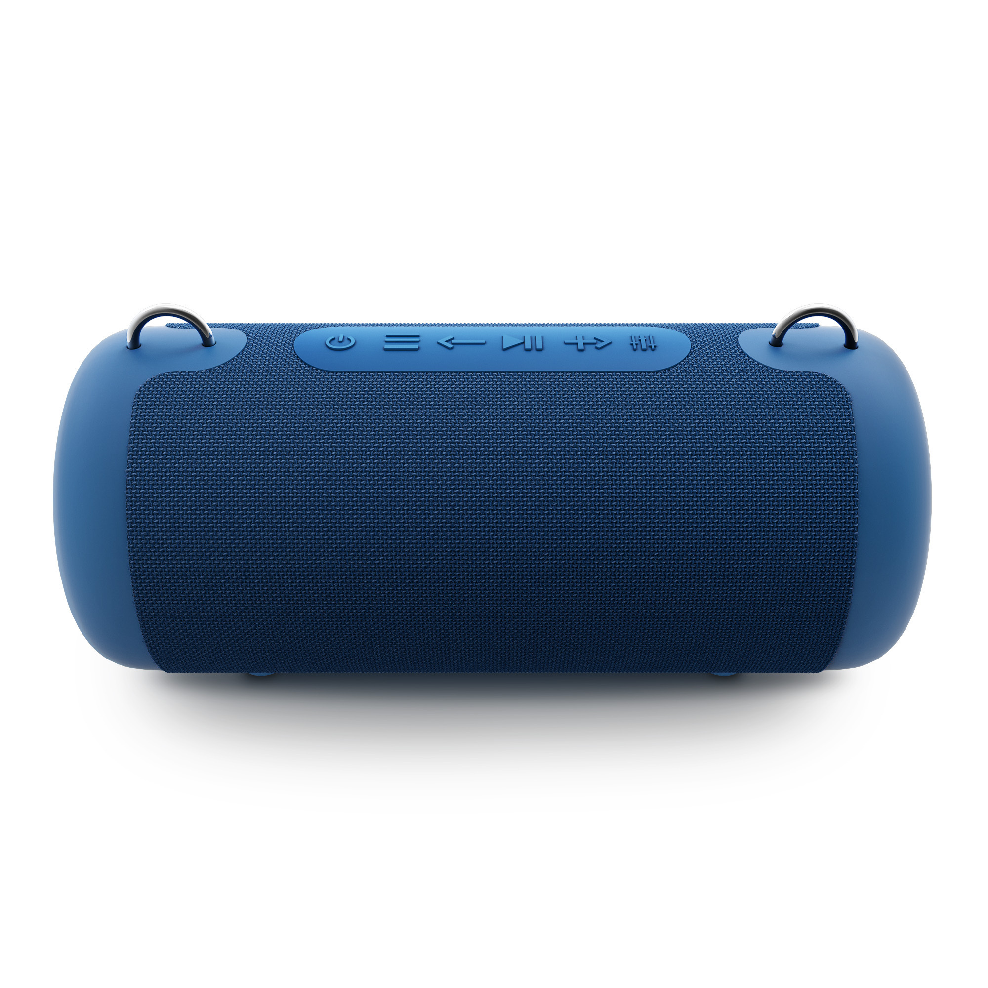 Un altoparlante Bluetooth blu, cilindrico, con pulsanti di controllo e due anelli.
