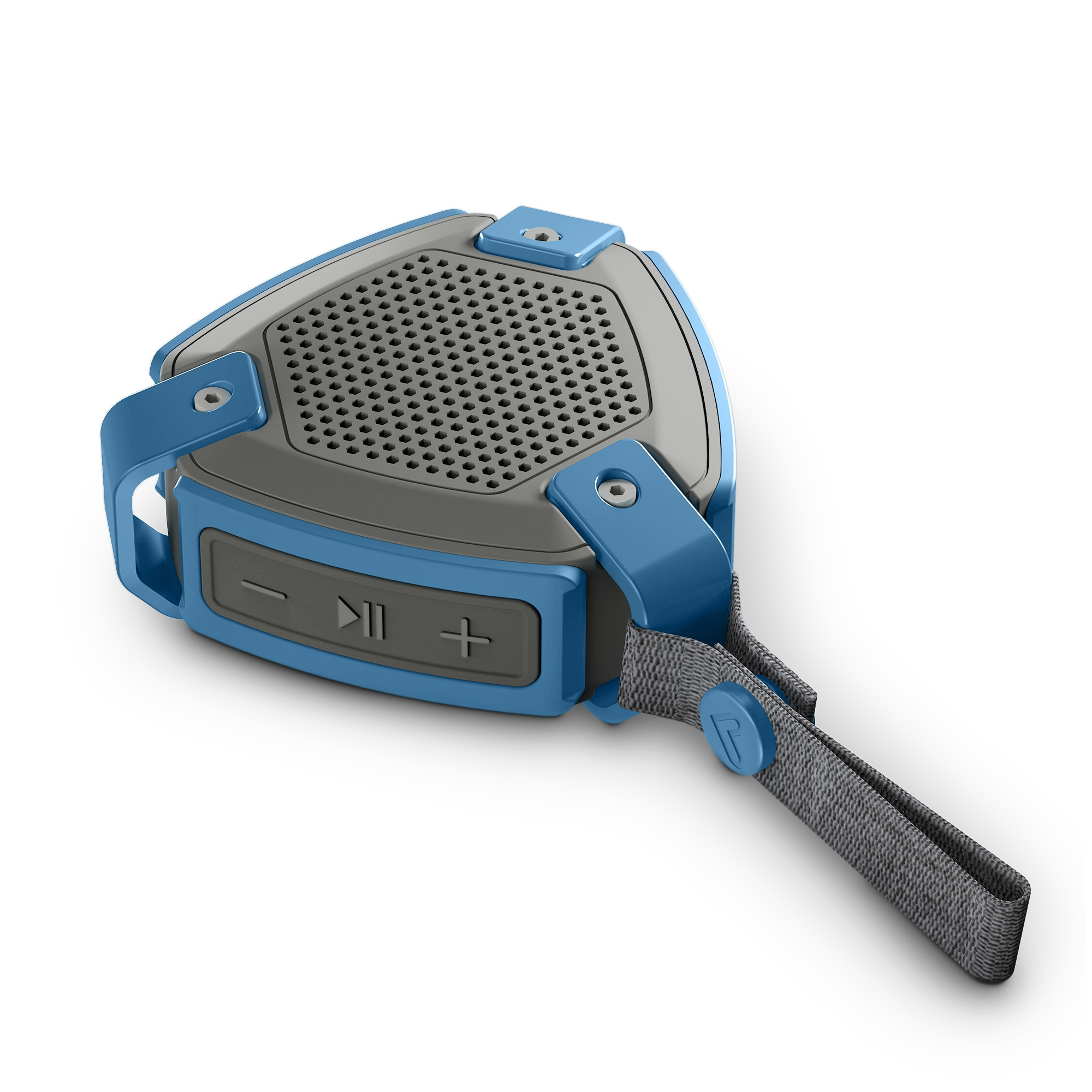 Altoparlante portatile blu e grigio con cinturino, pulsanti e frontale in rete.
