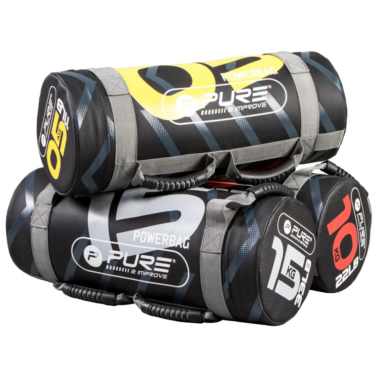 Due powerbag neri e grigi con manici. Testo giallo e bianco.