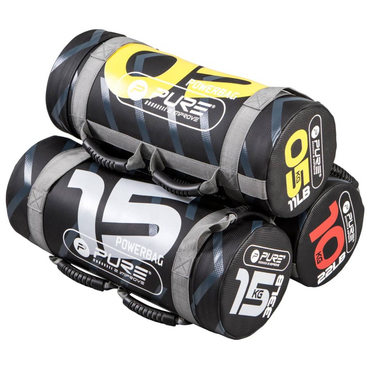 Tre powerbag impilati l'uno sull'altro con pesi segnati sopra.