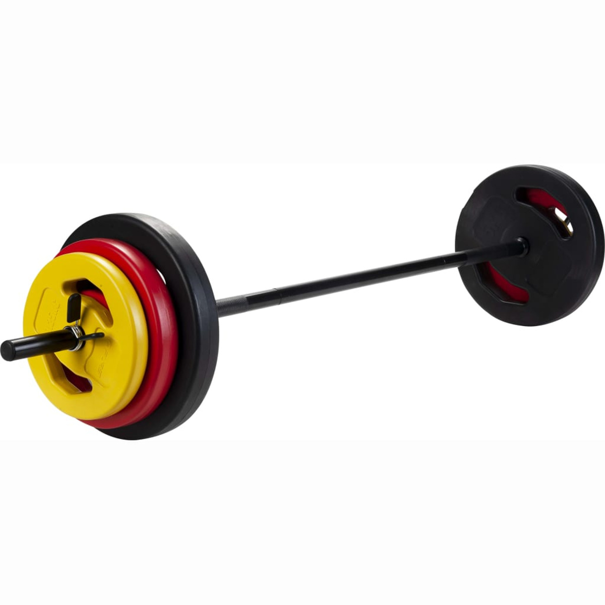 Eine Langhantel mit Gewichtsplatten. Die Platten sind gelb, rot und schwarz. Die Stange ist schwarz.