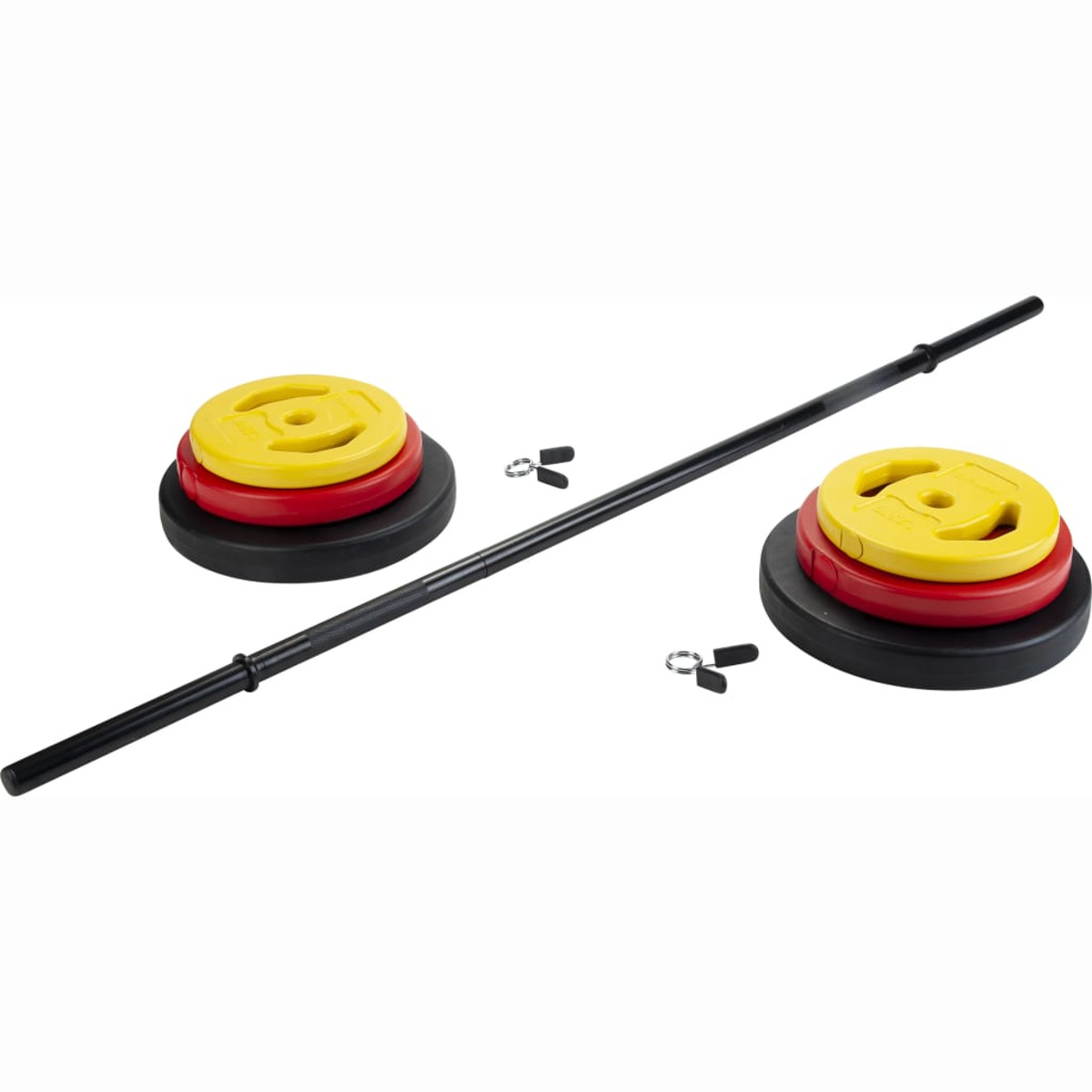 Gewichtheberset: schwarze Langhantel mit Hantelscheiben und Clips. Zwei Gewichtsätze und Hantelclips.