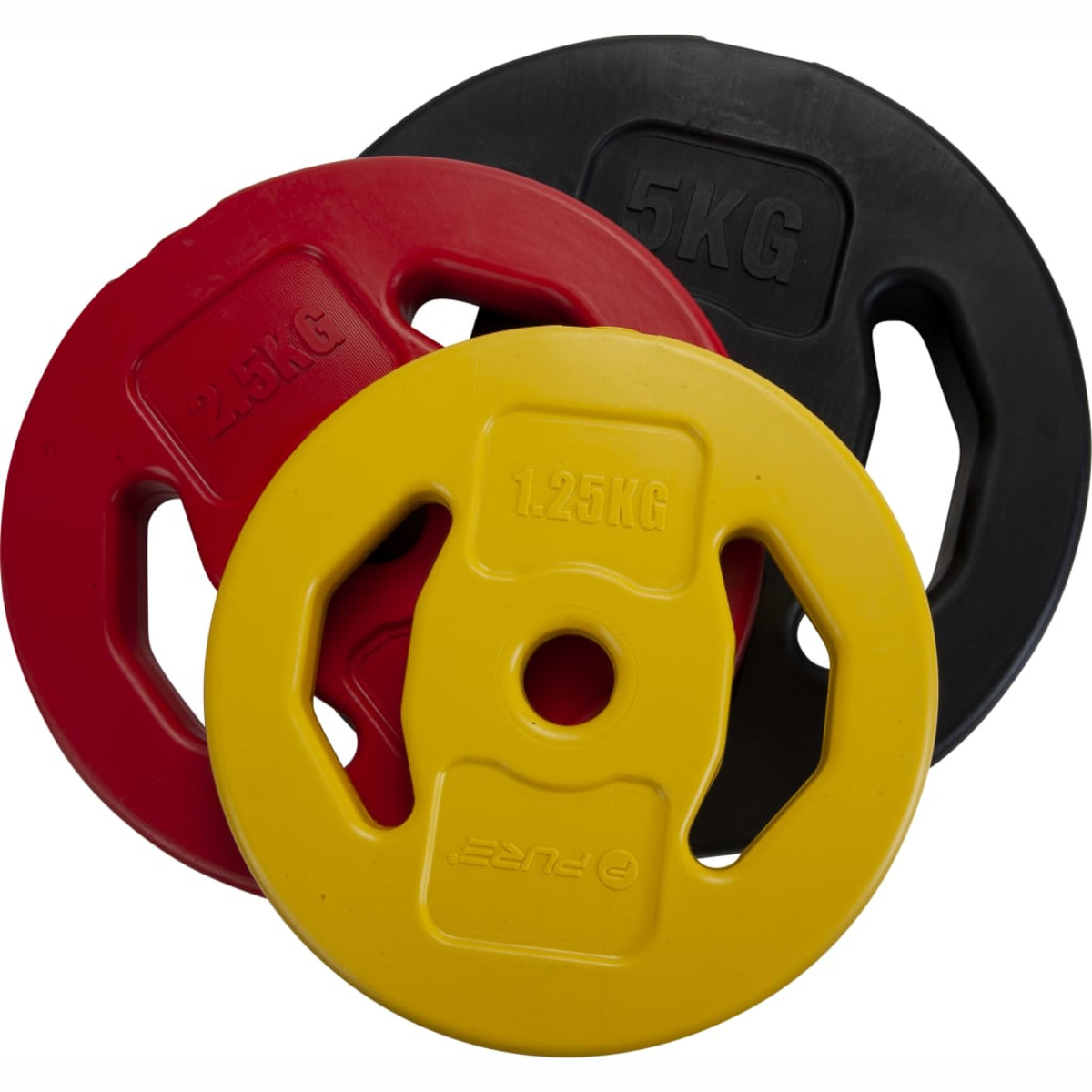 Drei Gewichtsplatten: rot 2,5 kg, gelb 1,25 kg und schwarz 5 kg. Sie befinden sich auf weißem Hintergrund.