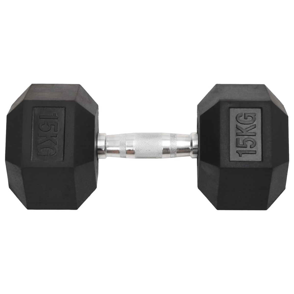 Eine schwarze 15KG Hantel mit sechseckigen Enden, für Fitness und Krafttraining.