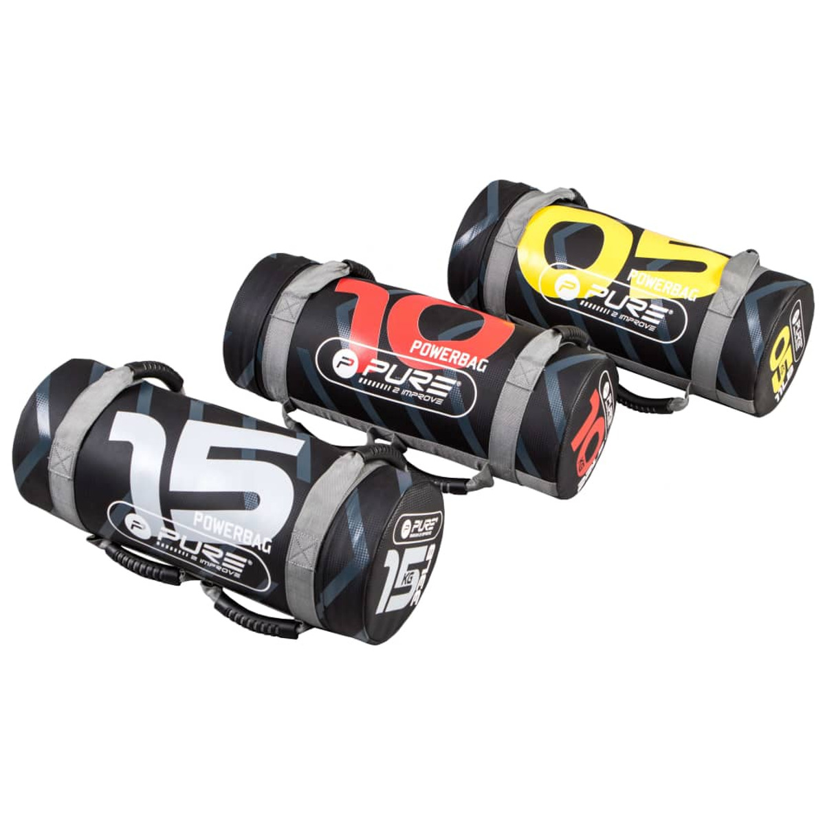 Tre powerbag neri e colorati con manici. Le borse hanno testo bianco con il peso.