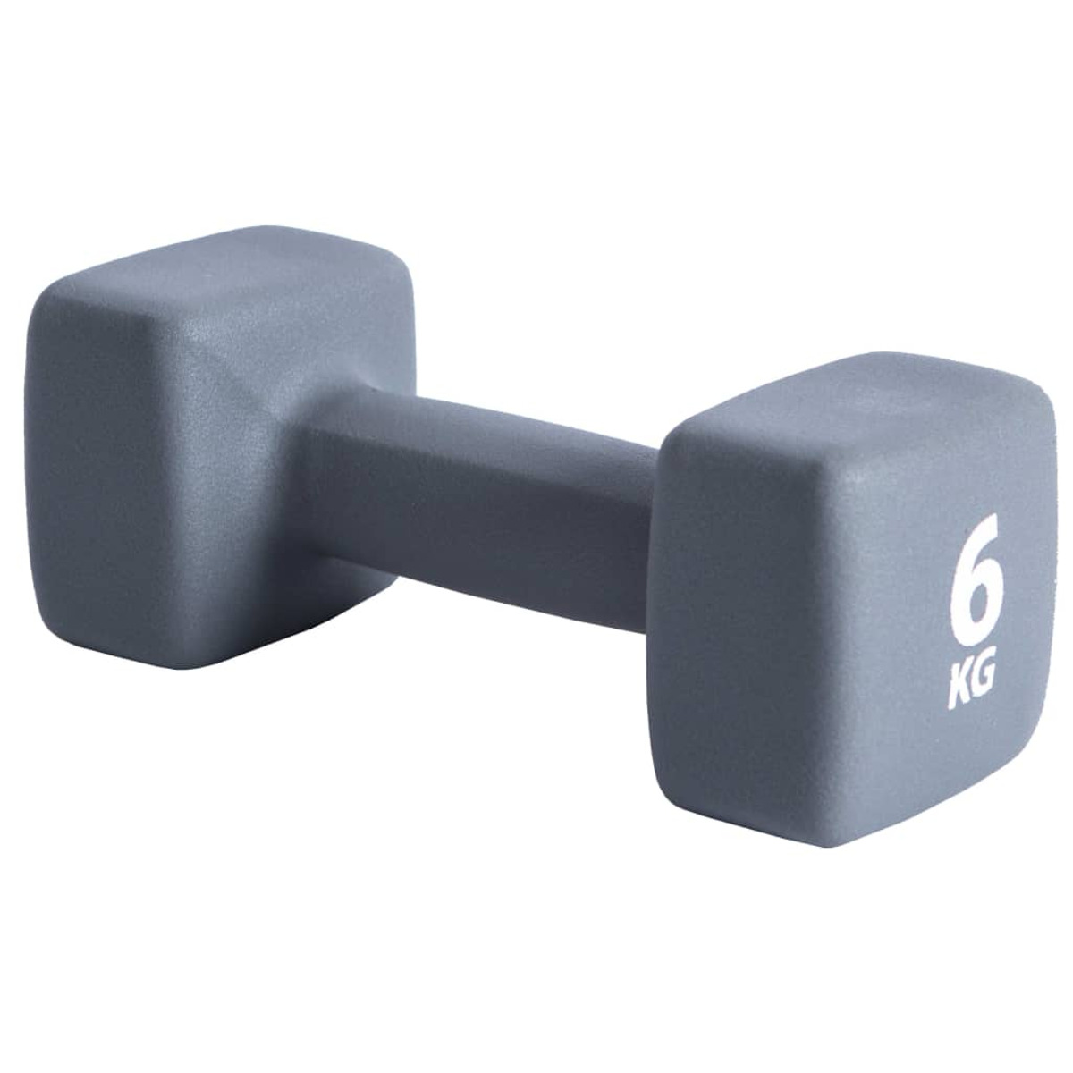 Graue 6 kg Hantel. Sie hat eine rechteckige Form mit einem Griff.