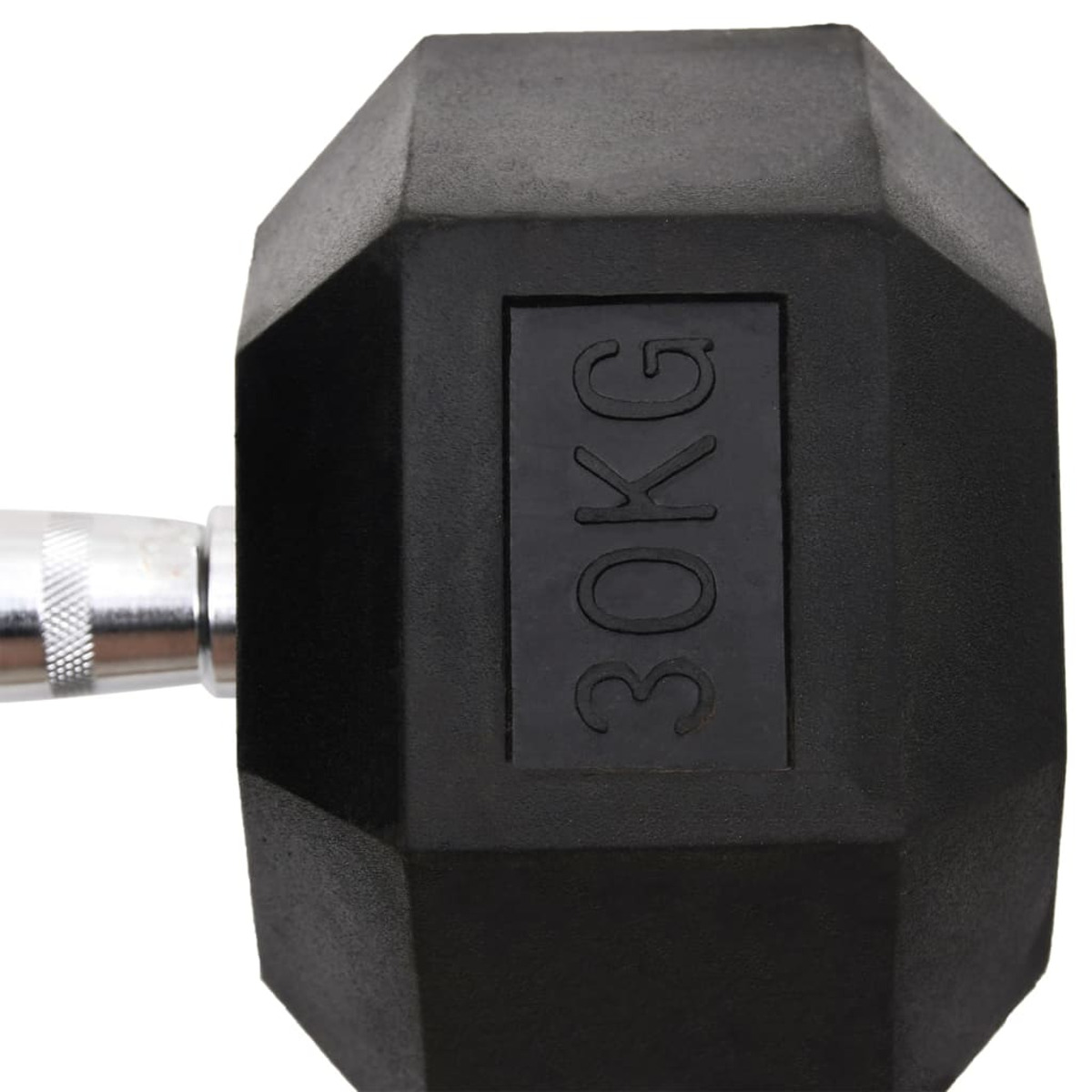 Schwarze 30KG Hantel. Das Gewicht ist auf dem schwarzen, sechseckigen Gewicht aufgedruckt.