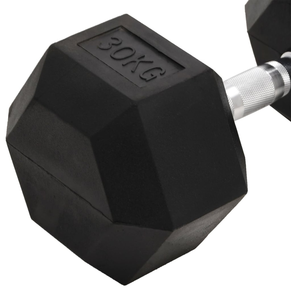 Eine schwarze Hantel mit dem Text 30KG darauf.